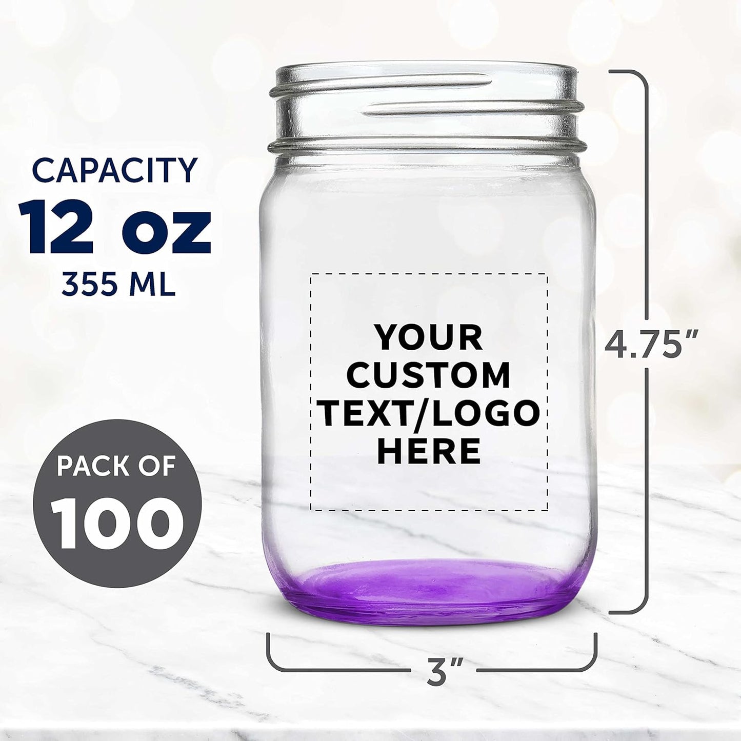 DISCOUNT PROMOS Custom Decorating Mason Jars 12 oz. Set of 100, Personalized Bulk Pack - Glass Jars for Overnight Oats, Candies, Fruits, Pickles, Spices, Beverages - Purple