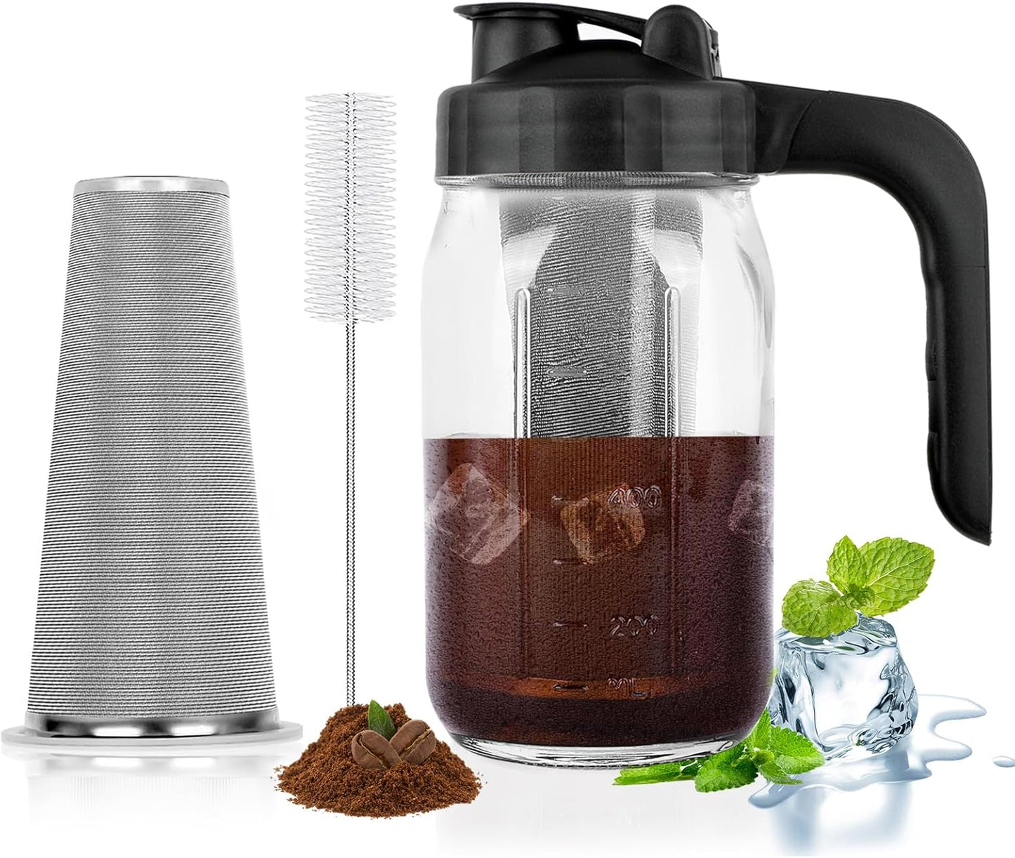 Cold Brew Coffee Maker Pitcher,32 Oz Glass Mason Jar Pitcher with V-shaped Pour Spout Handle Lid,Stainless Steel Filter for Iced Coffee,Iced tea,Breast Milk,Fruit Drinks,lemonade-Black