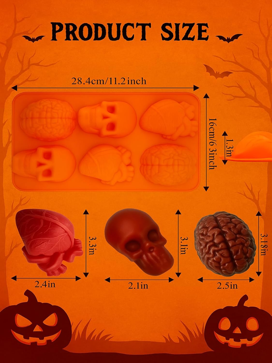 Halloween Silicone Molds & Gothic Chocolate Molds - 3D Skull, Heart, and Brain Halloween Baking Mold for DIY Cake, Chocolate, Jello, Ice Cube, Soap, Resin, and Candle Halloween Decorations