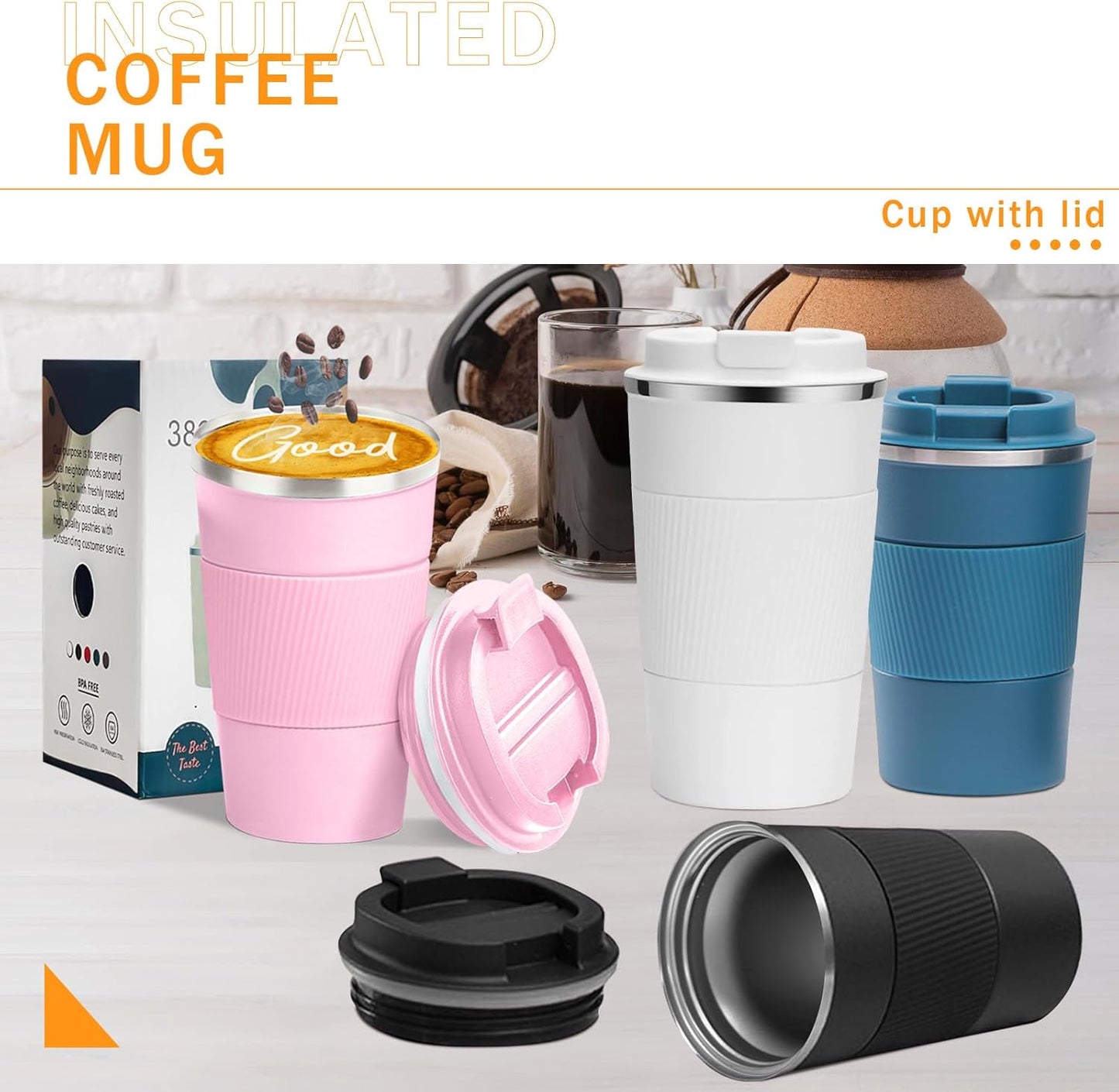 YINBAOGE Insulated Travel Coffee Mug Spill Proof Leak Proof Pobtable To Go Camping Stainless Steel Coffee Tumbler Reusable Coffee Cups with Lids Thermos for Hot and Cold Drink (Pink, 12 OZ)