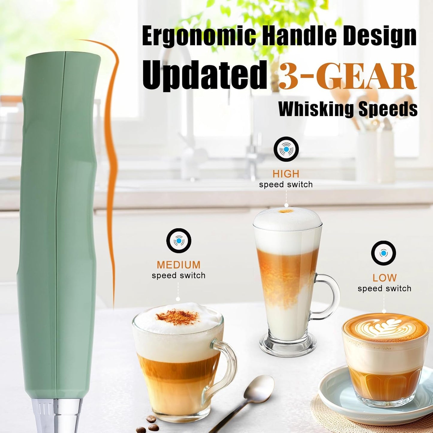 Nahida Granite Green Milk Frother Wand for Coffee, Frother Handheld Rechargeable Electric Whisk with 3 Heads 3 Speeds Drink Mixer Coffee Frother Foam Maker For Latte, Cappuccino, Hot Chocolate, Egg
