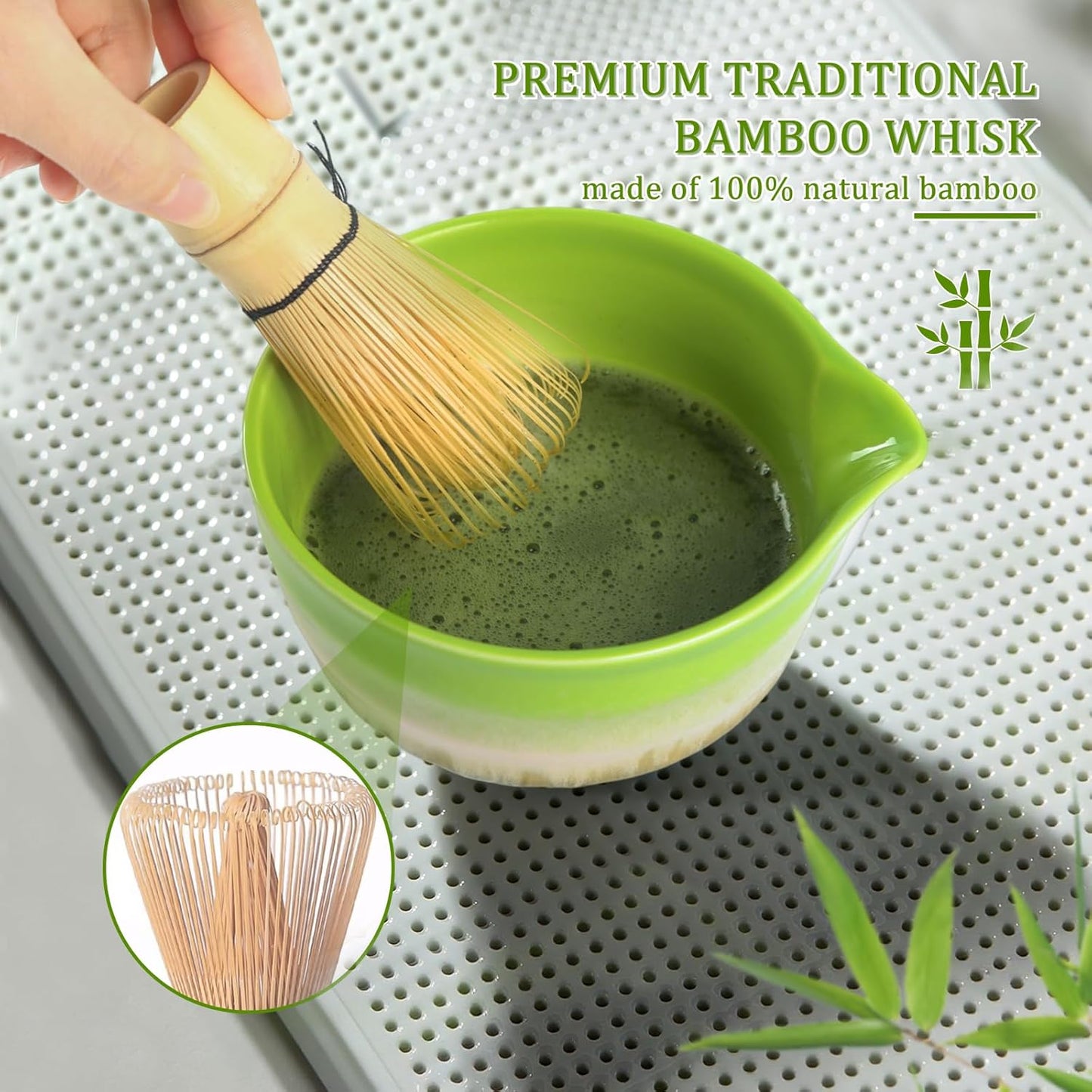 Matcha Set Includes Ceramic Matcha Bowl with Spout, Bamboo Whisk, Matcha Sifter, Matcha Whisk Holder, Bamboo Spoons, 5 Pieces Green Matcha Kit Gift for Tea Lovers