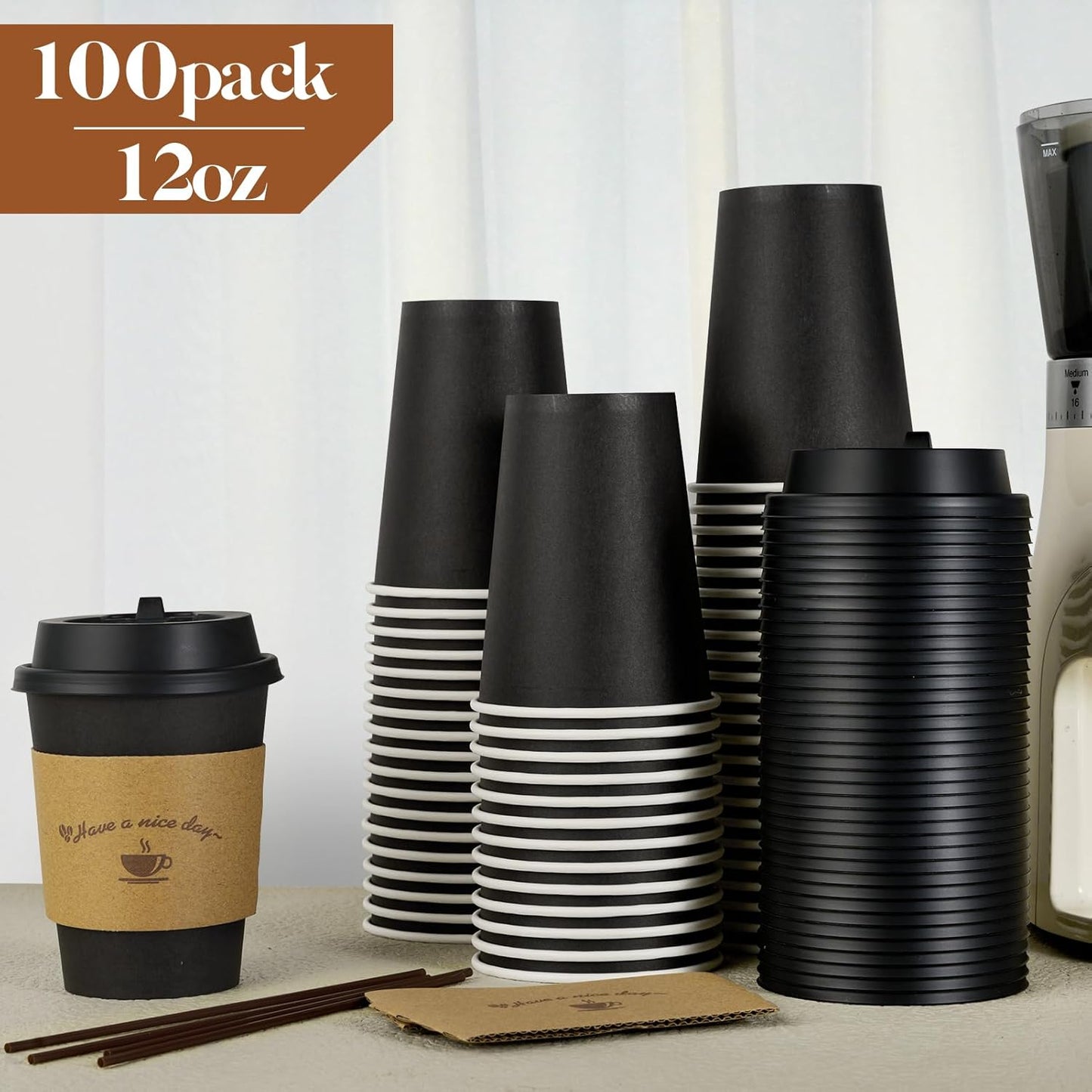 LITOPAK 100 Pack 12 oz Paper Coffee Cups for Hot Chocolate Drinks, Black Disposable Coffee Cups with Lids, Sleeves and Stirring Sticks for Parties, Picnic, Travel, and Events