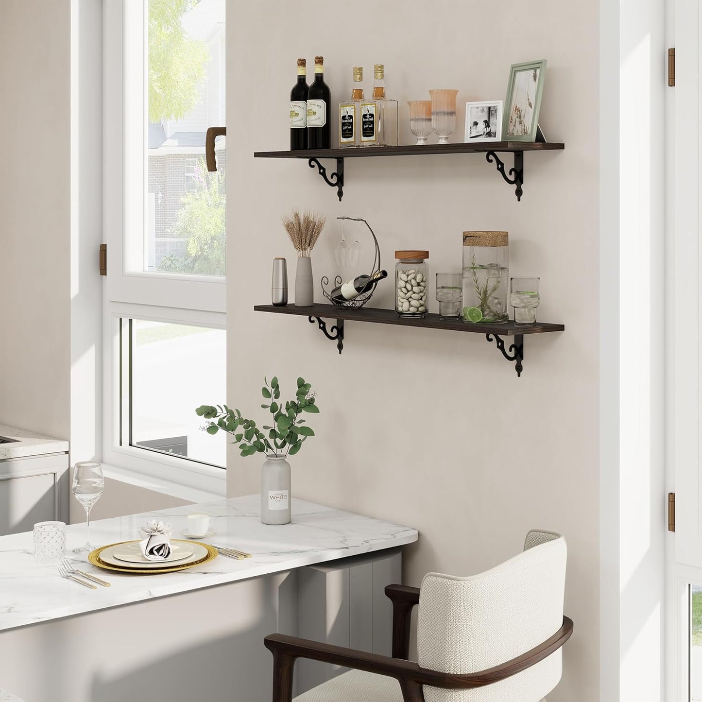 RICHFOCUS Floating Shelves for Wall Decor, 39.4W x 8D Wall Shelves Set of 2, 8 Inch Deep Rustic Wood Shelves Wall Mounted with Brackets, Long Floating Shelves for Living Room Bedroom Kitchen, Black