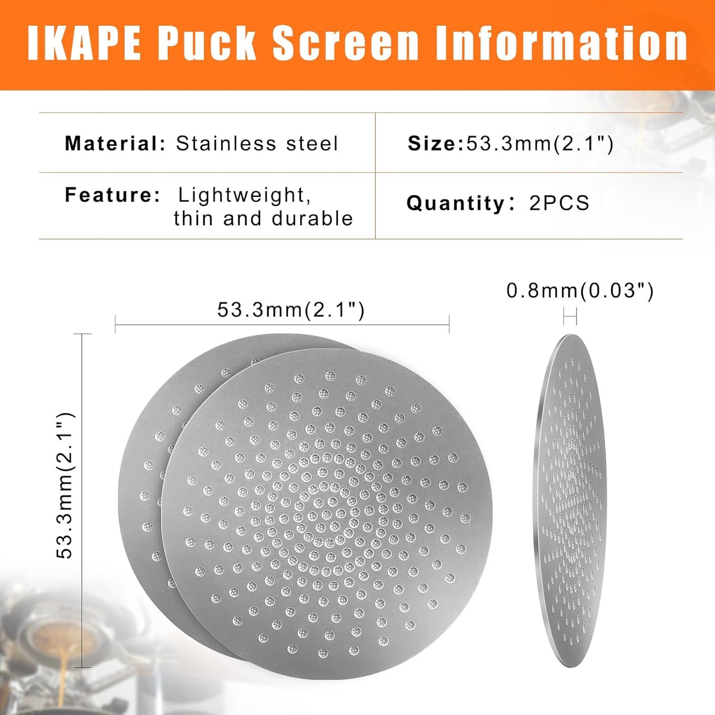 IKAPE 53.3mm Espresso 2pcs Puck Screen, 0.8mm Thickness, Reusable Metal Thin & light Coffee Filters, Food-grade 316 Stainless Steel Coffee Puck Screen for Espresso Baristas