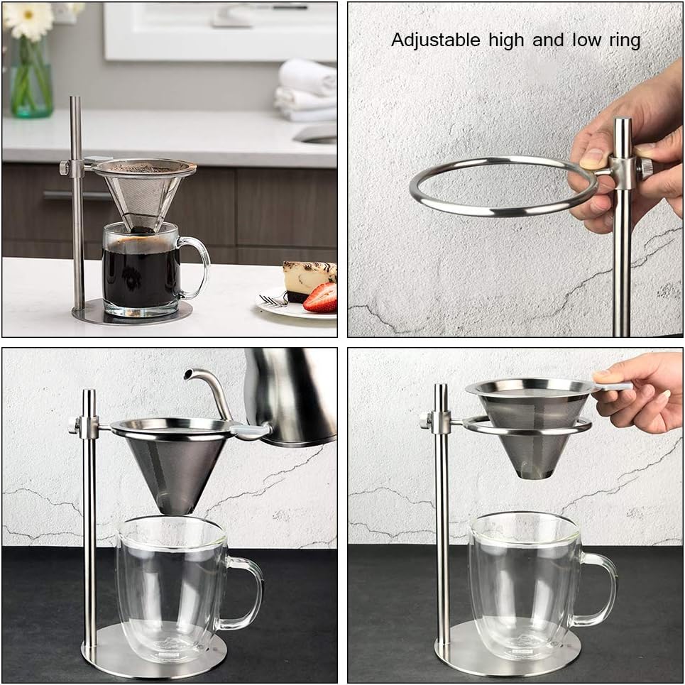 Pour Over Coffee Maker, Adjustable Pour Over Coffee Stand with Double Filter, Freestanding Drip Cone Brewer and Stand, Make Coffee Directly into Mug, Cup or Thermos, 1pcs, Stainless Steel