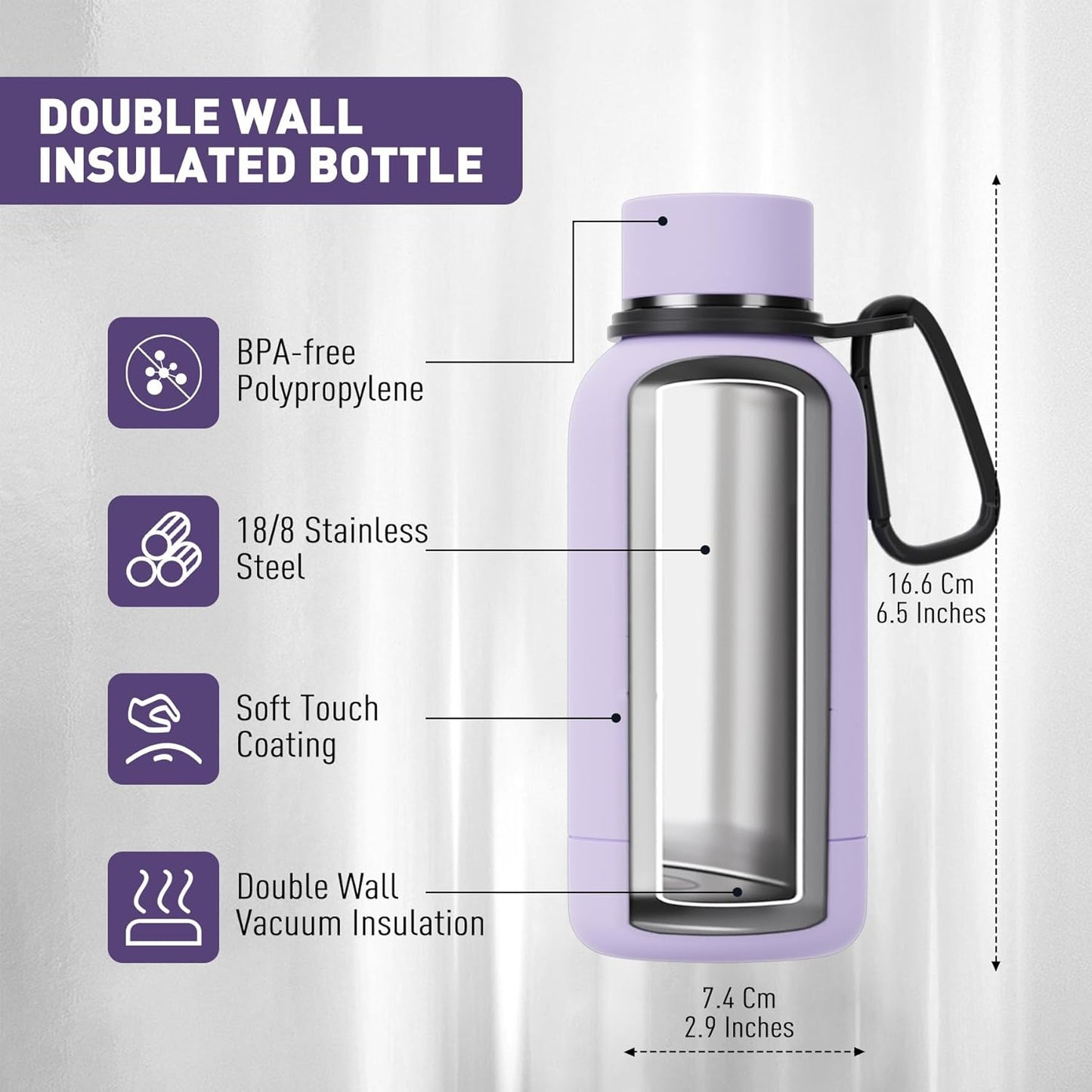 Small Water Bottle 12oz with Clip, Double Wall Stainless Steel Vacuum Small Insulated Water Bottle Keeps Drinks Cold 24 Hrs/Hot 12 Hrs for Kids Handbag School BPA Free (Purple)