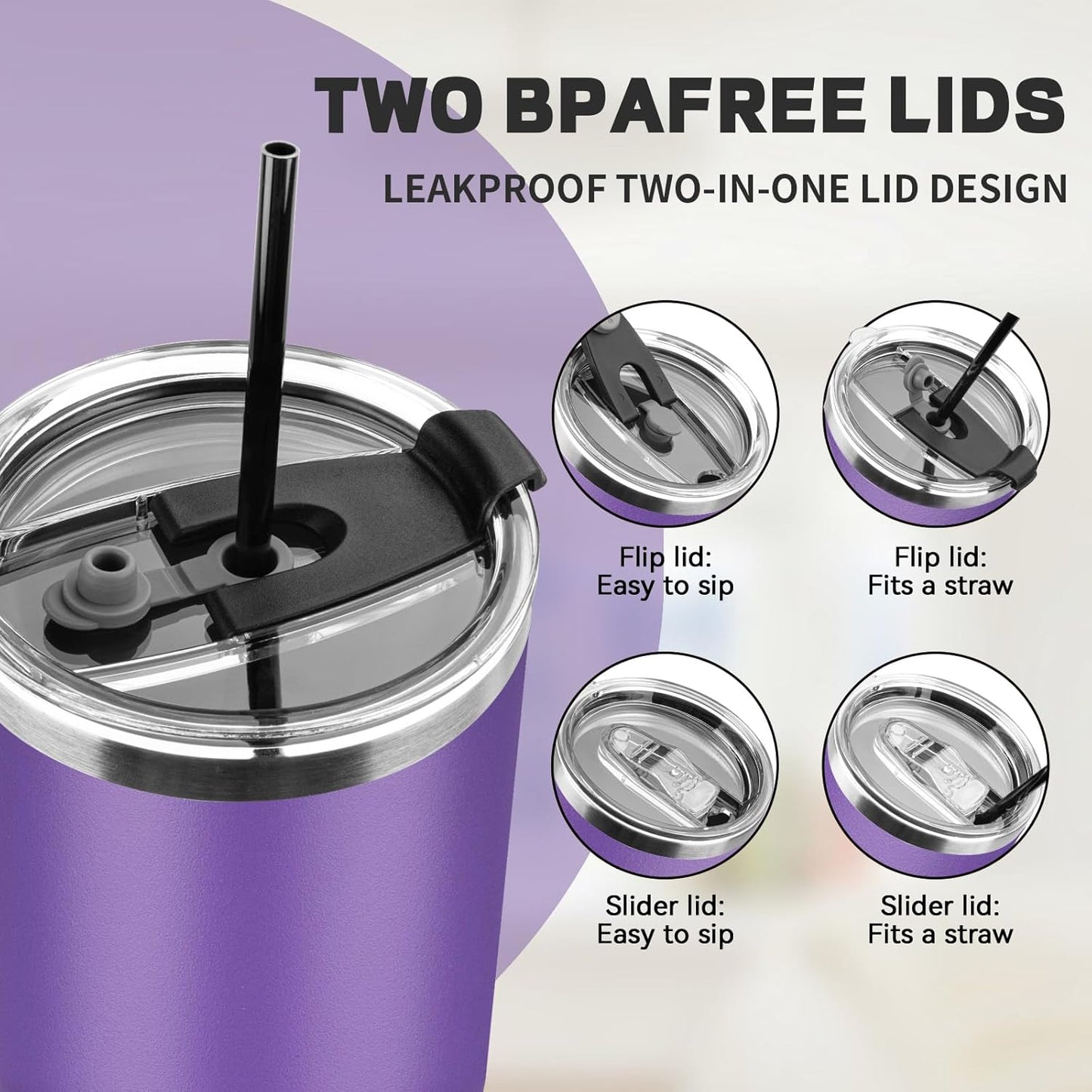 30 oz Tumbler with Lids and Straws, Stainless Steel Insulated Coffee Tumbler, Double Wall Vacuum Insulated Travel Mug Cup, Leakproof Thermal Coffee Cup for Hot and Cold Drinks (Purple)