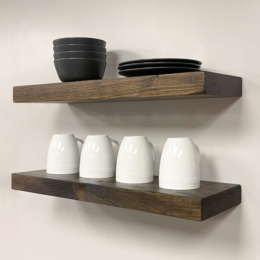 URBANDI, Rustic Floating Shelves, Set of 2, Hidden Bracket, Solid Wood, Heavy Duty, Wall Mounted Shelves, (Dark Brown, 48Wx12D)