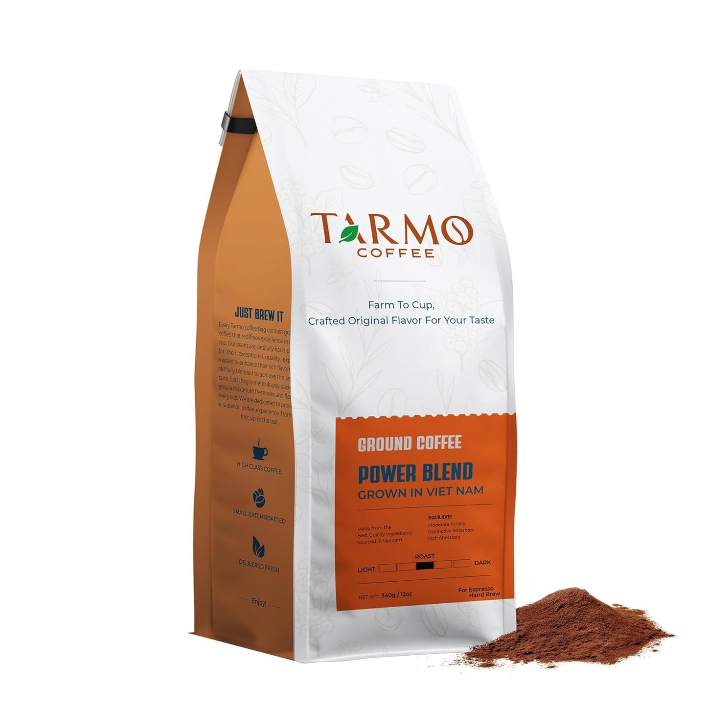 TARMO - POWER BLEND | Low Acid Ground Coffee | Specialty Vietnamese Coffee | Premium Arabica & Robusta Blend, Medium Roast Coffee, 12 Oz Bag