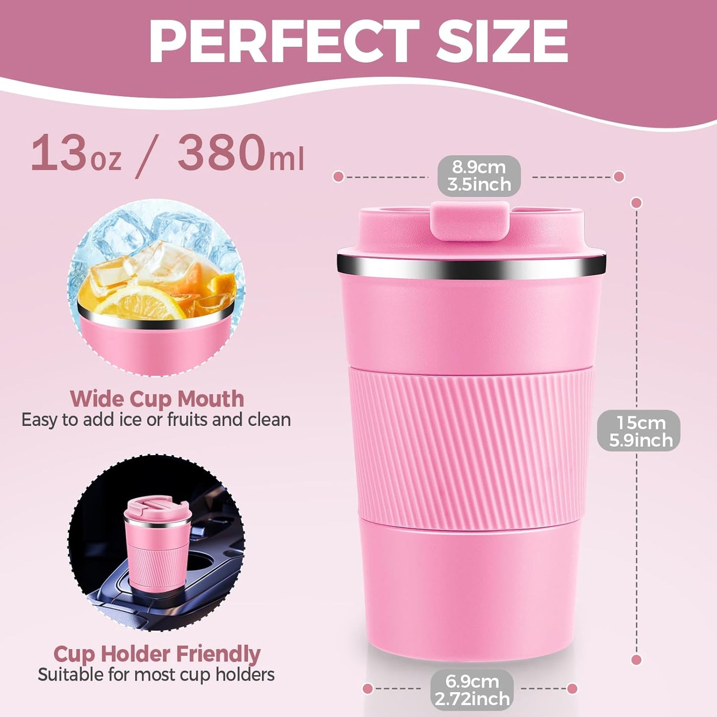 Volhoply 13 oz Stainless Steel Insulated Travel Coffee Mug with Fip Lid Bulk 4 Pack,Reusable Double Wall Vacuum Metal Coffee Cup,Portable Leak Proof Thermal Tumbler for Hot & Cold Drinks(Pink,4)
