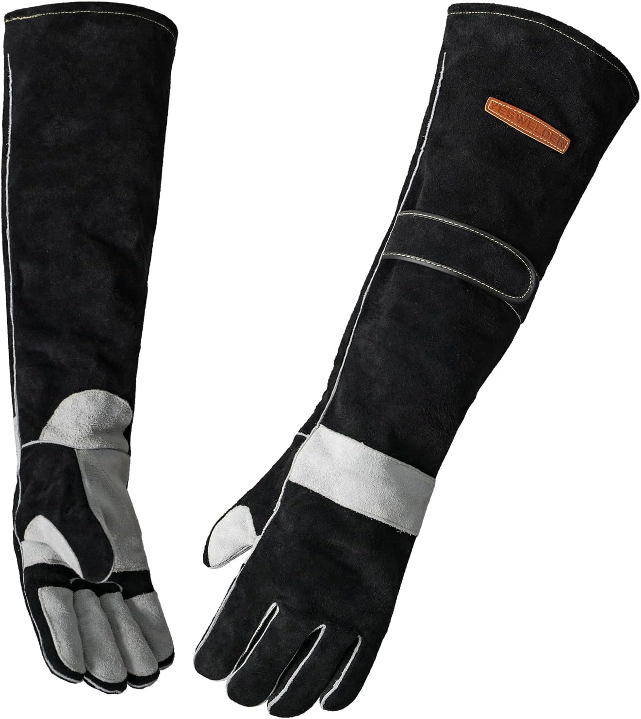 YESWELDER 23.6 Inches 932℉,Leather Forge MIG Welding Gloves, with Kevlar Stitching Heat/Fire Resistant, Palm Reinforcements, Forge,Grill, Fireplace Black-Gray
