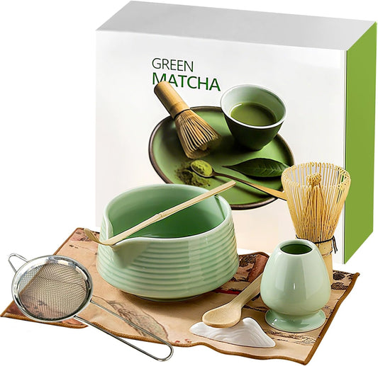 Matcha whisk Set, 8 PCS Ceramic Matcha Kit, Matcha Tea Set with Whisk, Ceramic Bowl, Sifter, Scoop, Holder, Stand, and Tea Towel, Gift for Matcha Lover