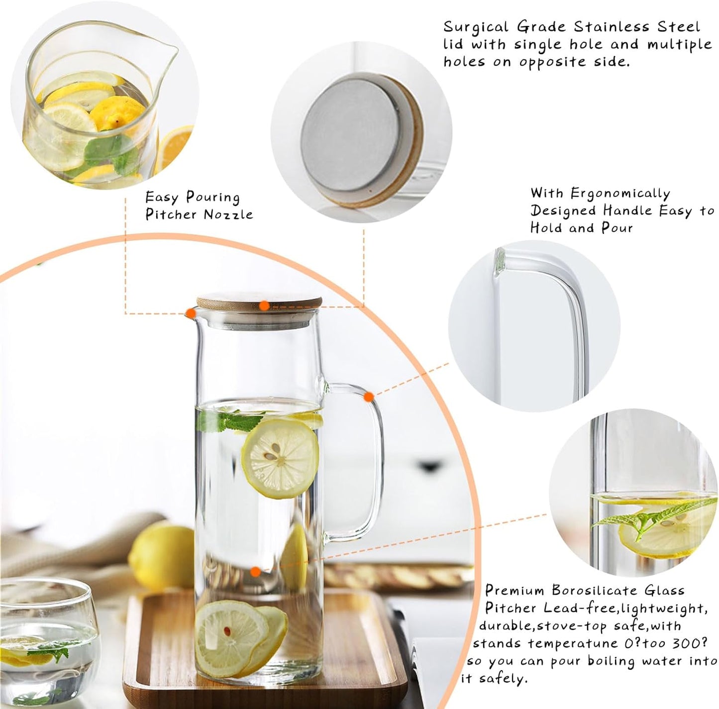 hjn Glass Water Pitcher with Lid Glass Carafe with Handle, Fridge Water Jug for Cold or Hot Beverages, Iced Tea, Milk, Juice 1500ml/51oz & bamboo lid