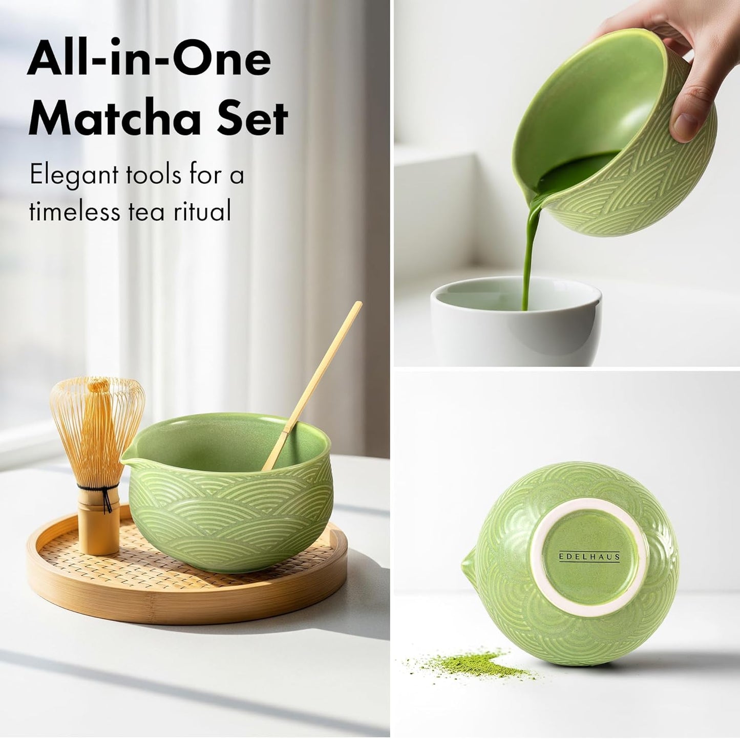Matcha Whisk Set (7 Pcs) - Complete Matcha Set, Matcha Bowl with Spout, Whisk with Holder, Bamboo Scoop with Rest and Sifter, Perfect Kit for Matcha Lovers (Green Mist)