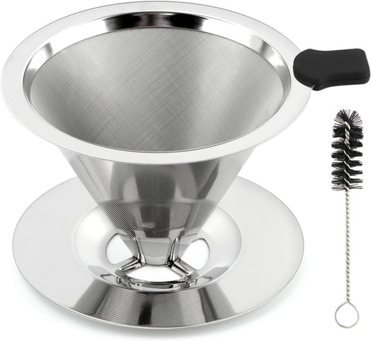 Pour Over Coffee Dripper with Cleaning Brush, Stainless Steel Cone Coffee Filter Fine Mesh Double Layer, Paperless Reusable Coffee Filter, Drip Cone Brew Coffee Strainer(SIZE:Medium)