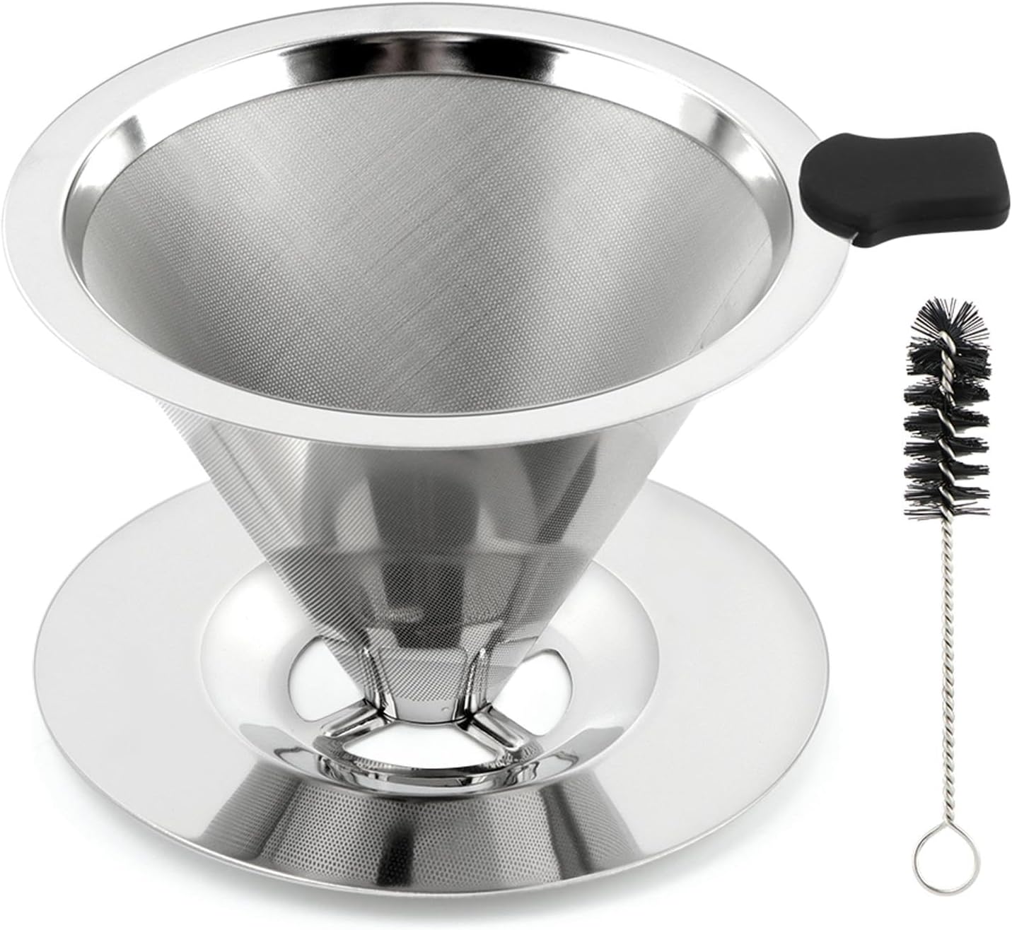 Pour Over Coffee Dripper with Cleaning Brush, Stainless Steel Cone Coffee Filter Fine Mesh Double Layer, Paperless Reusable Coffee Filter, Drip Cone Brew Coffee Strainer(SIZE:Small)
