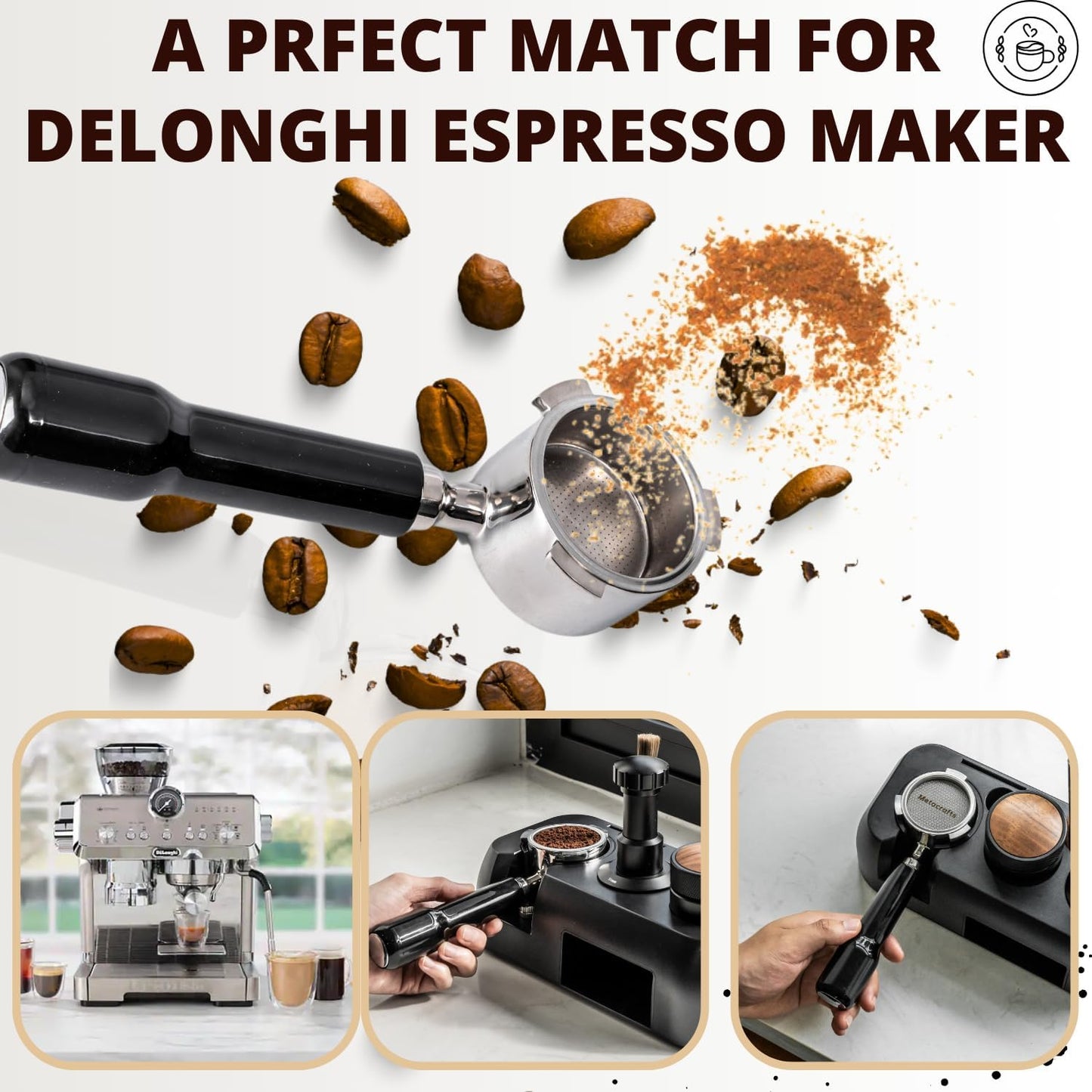 Espresso Portafilter 51mm Bottomless - Compatible for 51 mm Delonghi EC0680, E0685, SMEG & EUPA Coffee Machines - Open, Naked, Flat - Stainless Steel Filter Basket & Puck Screen Included (Black)