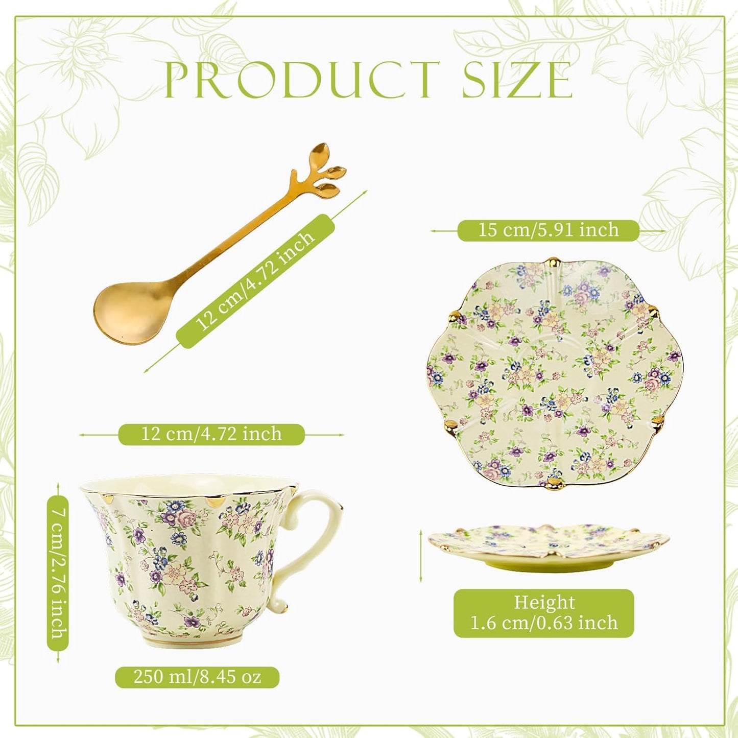 TATSUMI Country Roses Bone China Tea Cup and Saucer Set, 6 Pieces, Vintage Style, For Women and Tea Parties