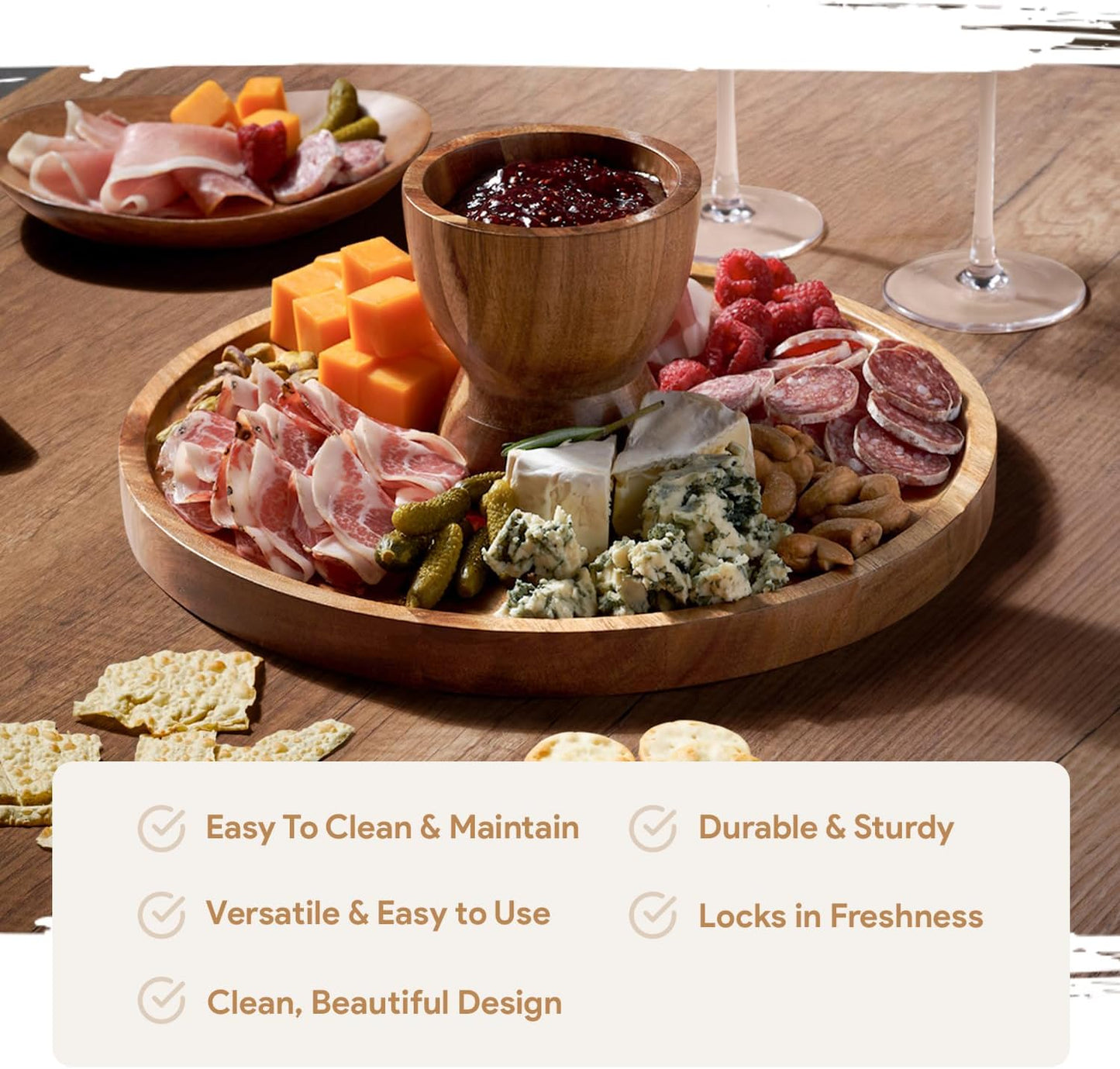 Acacia Wood Cake Stand with Lid - Multifunctional 12 In Round Cake Holder, Dessert Table Display Set & Charcuterie Board for Cheese, Chips, Fruit Platter, Acrylic Cake Dome Cover, No Glass