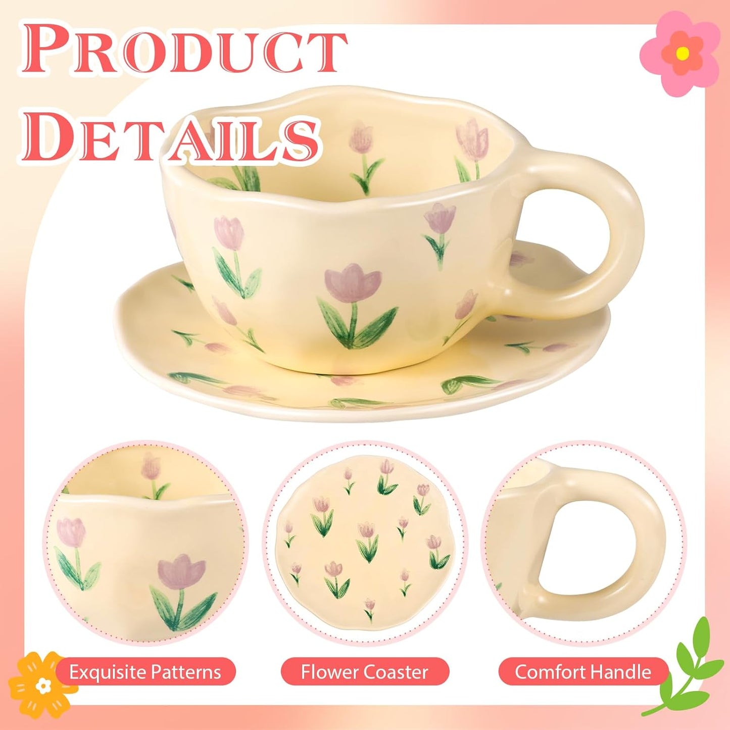 Cappuccino Cups with Saucers 8 oz Latte Art Cup Ceramics Coffee Mugs Irregular Aesthetic Flower Cups for Espresso, Double Shot, Americano, Latte, Tea - Microwave and Dishwasher Safe (Purple Tulips)