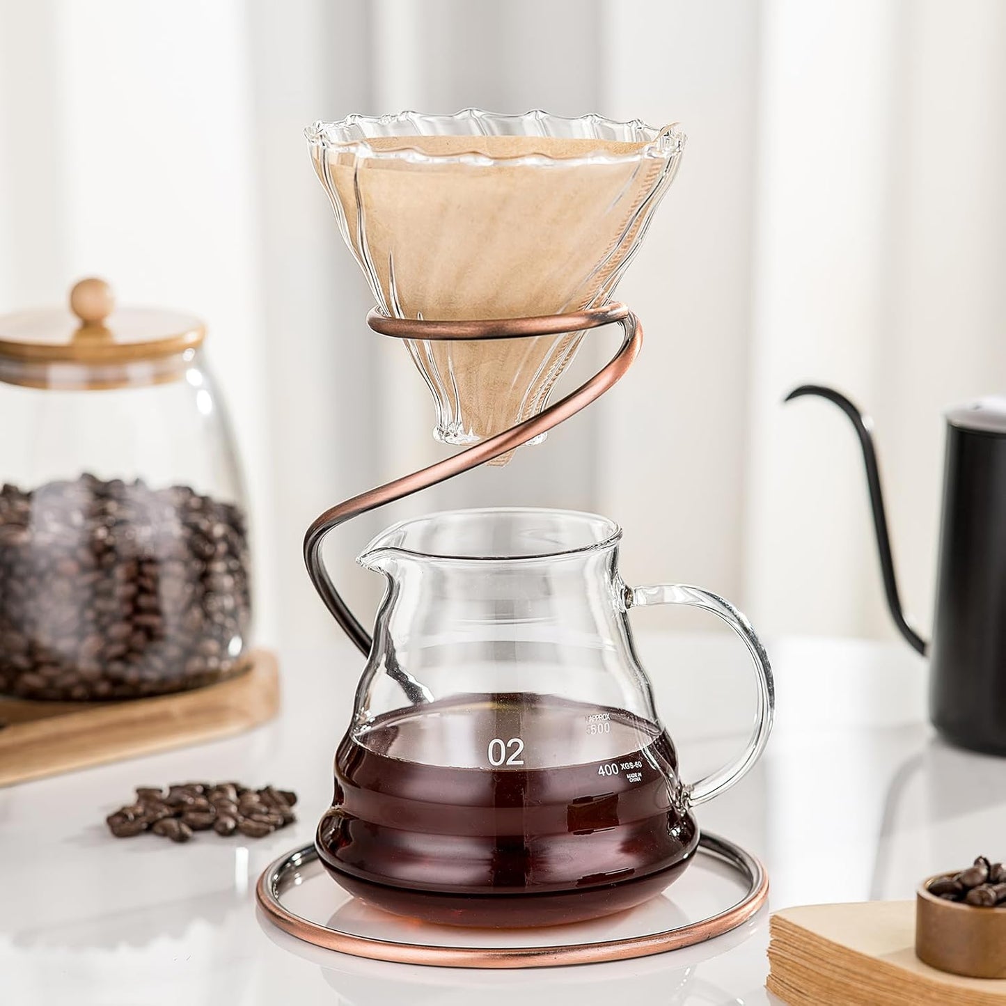 Coffee Pour Over Set – Complete Pour Over Coffee Maker with Dripper, 40Filters, and Metal Stand – Portable & Stylish Style Drip Coffee Brewer