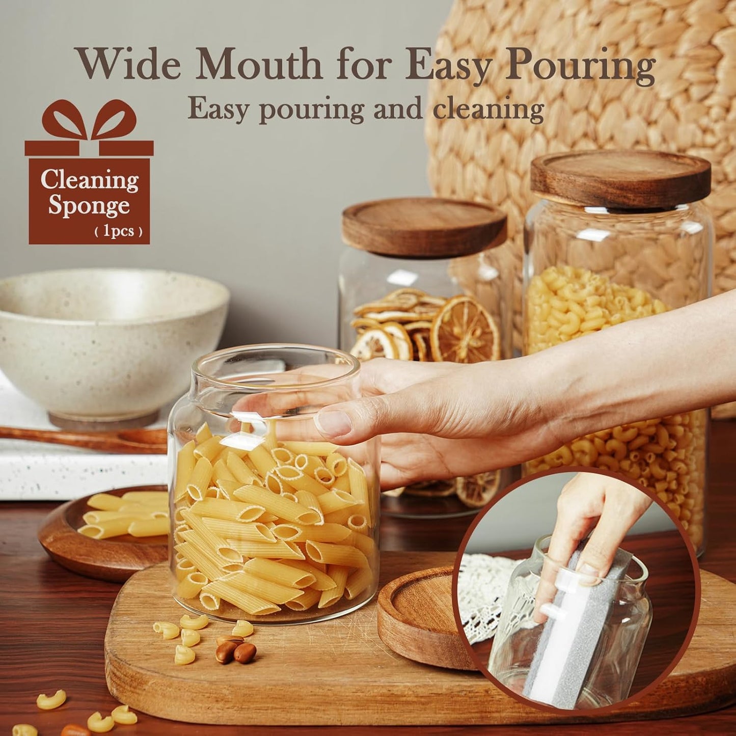 Labina Glass Storage Container Airtight Food Jars Kitchen Canister with Wood Lids, 20 Oz Wide Mouth Pantry Organization Glass Jar for Flour, Sugar, Cookie, Spagetti, Nuts and Candy (3 Pack)