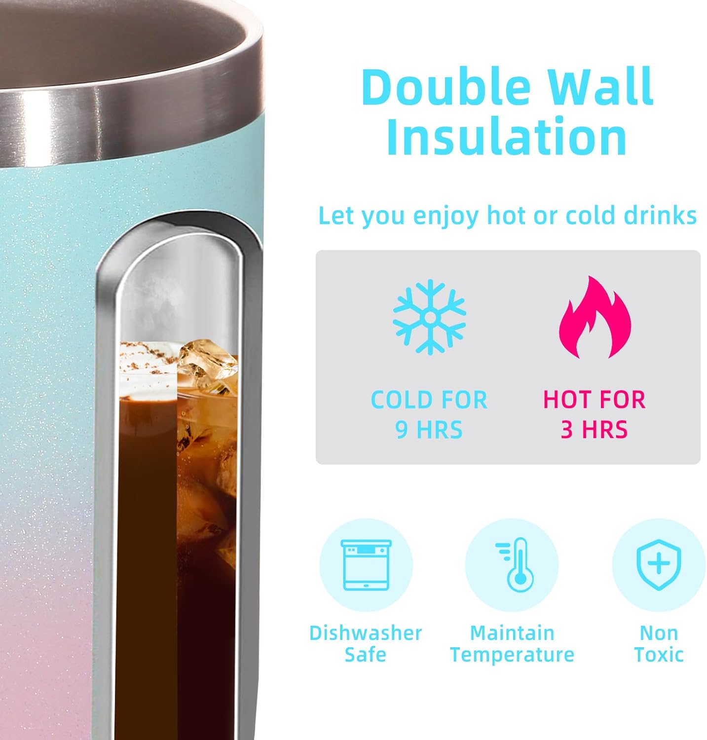 Volhoply 14oz Insulated Stainless Steel Coffee Mug with Lid Bulk 4 Pack,Double Wall Vacuum Travel Coffee Cup with Handle,Reusable Cups Tumbler,Camping Mugs Keep Hot,Ideal Gifts(Green Pink,4)