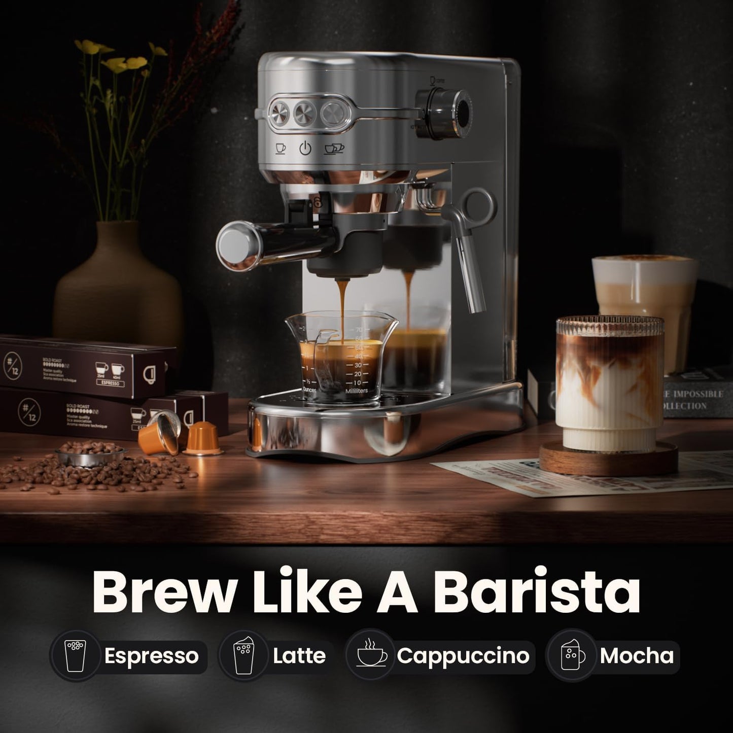 Espresso Machine - 20Bar Coffee Maker with Foaming Steam Wand: 1450W Compatible for Original Capsule & Ground, Single-Serve Espresso Maker with 35Oz Removable Water Tank for Latte, Kitchen