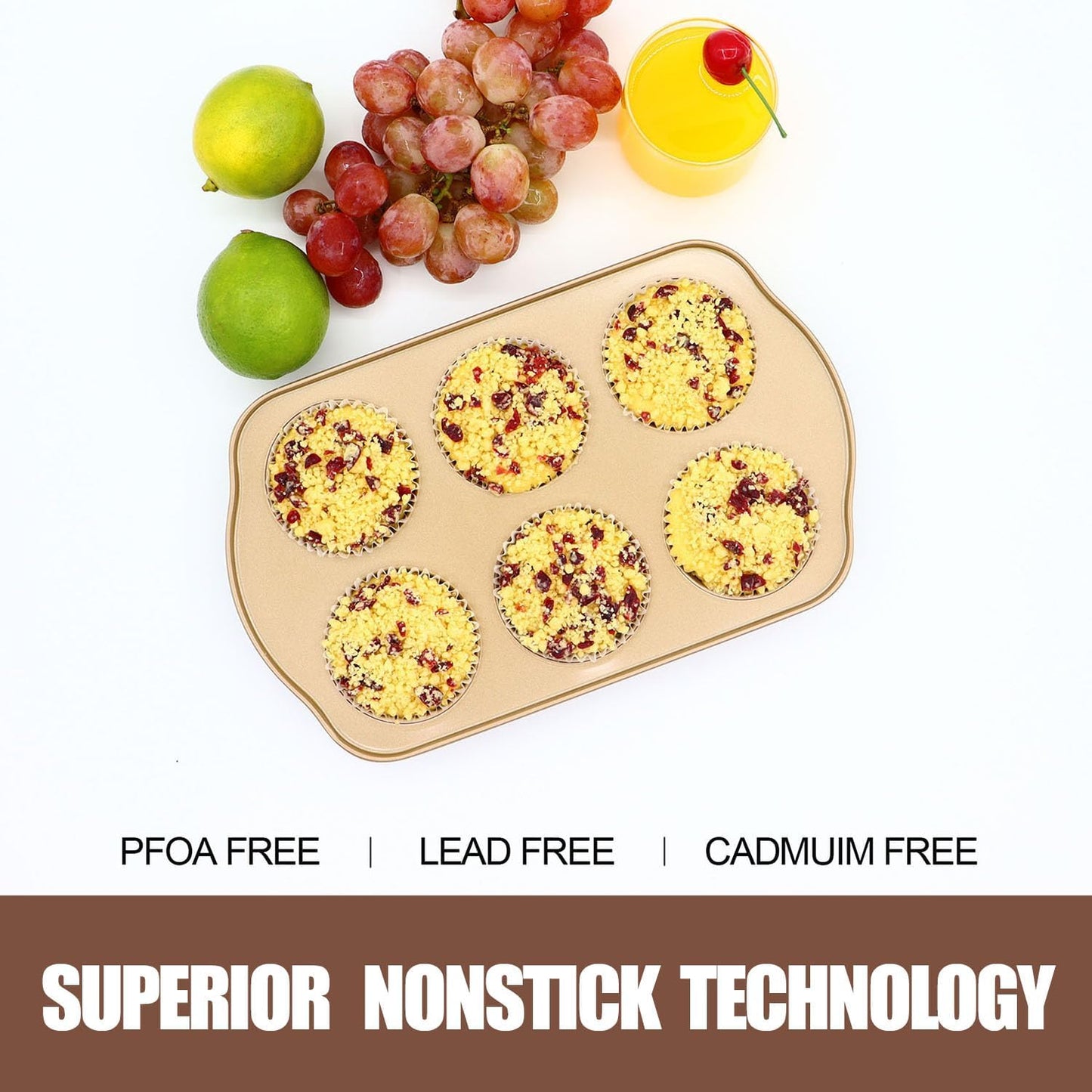 Jumbo Muffin Pan 2 Pack, Nonstick Large Cupcake Pan 6 Cup, Heavy Duty 0.5mm Thick Steel Big Muffin Tins for Baking, 3.5inch Dia, Gold