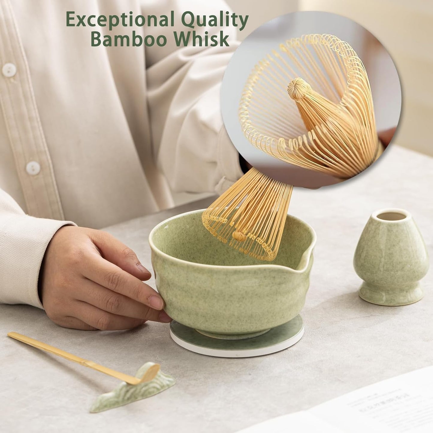 Japanese Matcha Set, Matcha Bowl with Spout and Coaster, Matcha Whisk and Holder, Sifter, Scoop, Spoon, Cleaning Brush,10 Pcs Complete Ceramic Matcha Kit