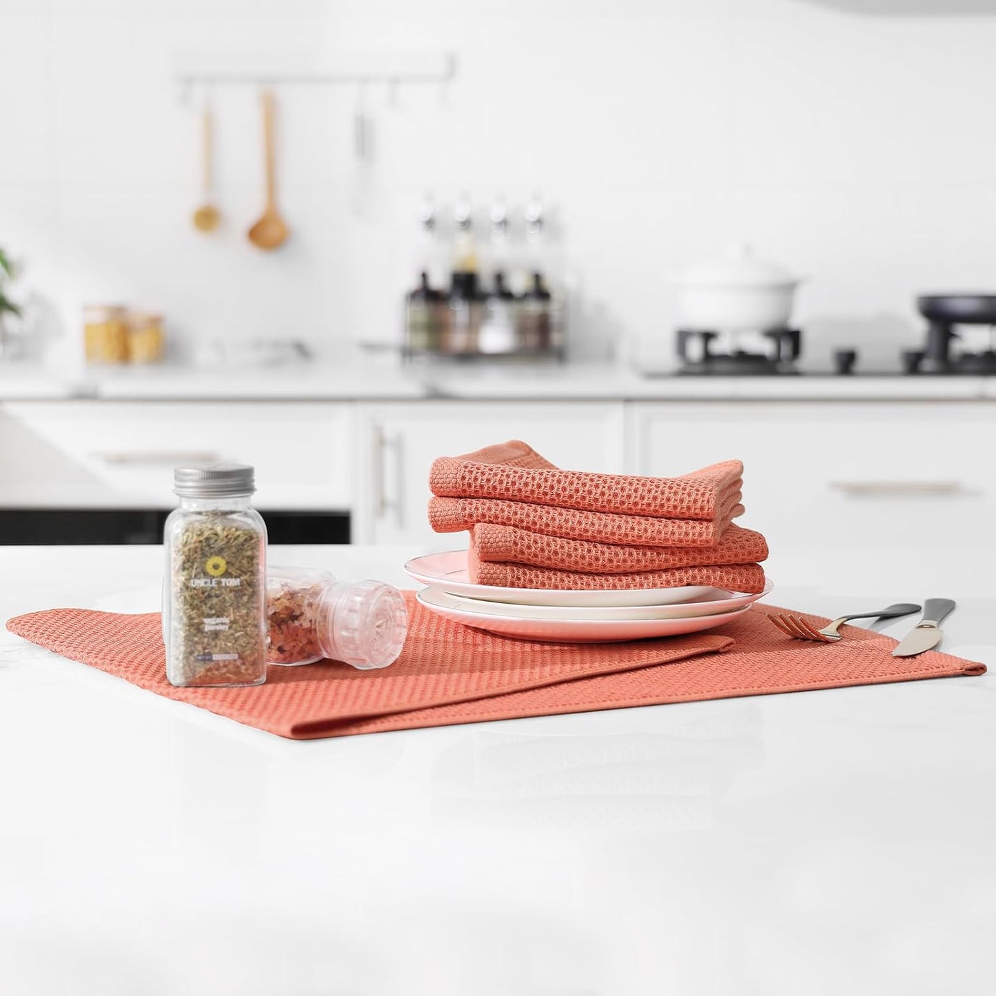 Kitinjoy 100% Cotton Waffle Weave Kitchen Towels, 6-Pack Super Soft and Absorbent Dish Towels for Drying Dishes, Kitchen Hand Towels, 13 in x 28 in, Coral