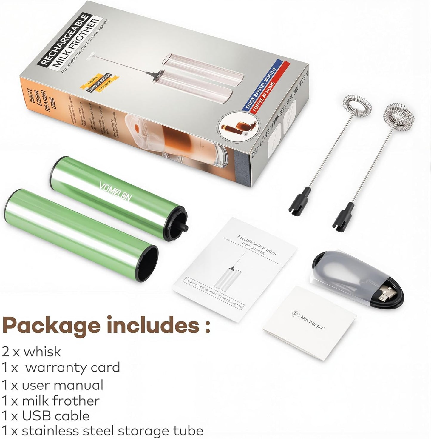 Rechargeable Milk Frother Handheld Electric Frother Wand Milk Foamer Drink Mixer for Coffee, Lattes, Cappuccino, and Egg, Stainless Steel for Travel-Green