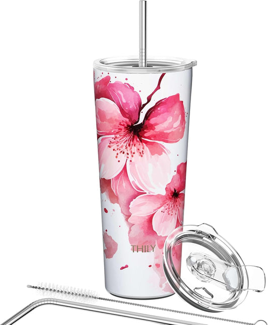 THILY Stainless Steel Vacuum Insulated Tumbler Travel Mug 26 oz Coffee Cup with 2 Lids and Straws, Splash Proof, Keep Ice Drinks Cold, Cherry Blossoms