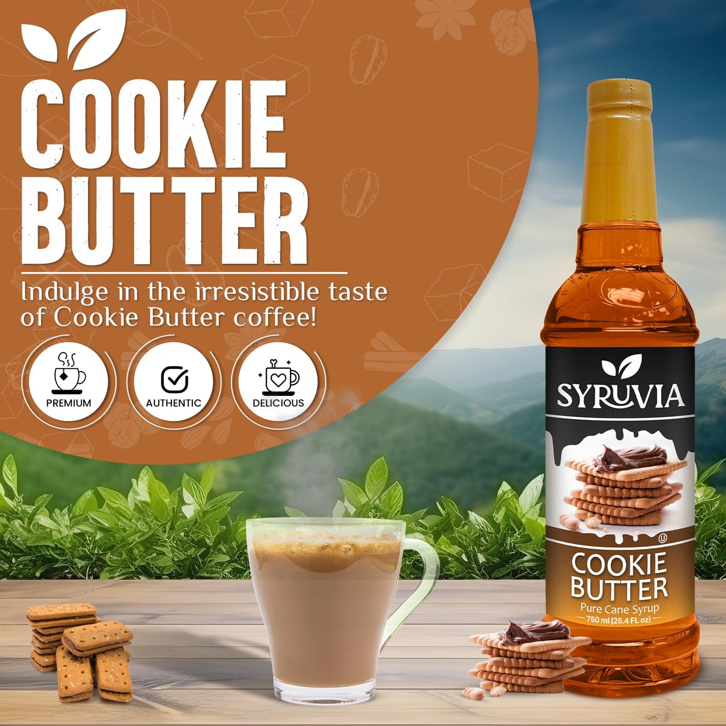 Syruvia Cookie Butter Coffee Syrup - 25.4 fl oz. Kosher and Gluten-Free. Ideal for Enhancing Drinks, Sodas, Shakes, Desserts, and More.