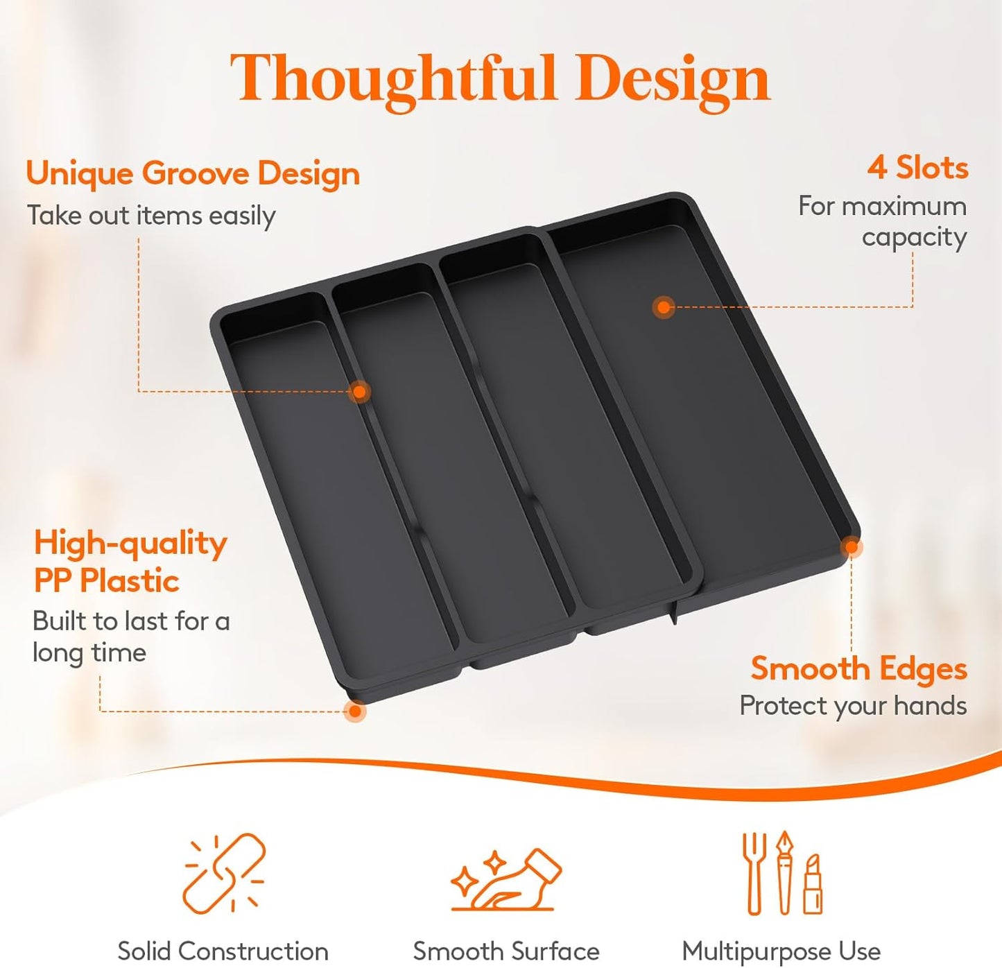 Lifewit Utensil Drawer Organizer, Expendable Cooking Silverware Tray for Kitchen Drawer, Adjustable Cutlery Flatware Holder, Plastic Spatula Tools and Gadgets Storage Divider, 4 Compartments, Black