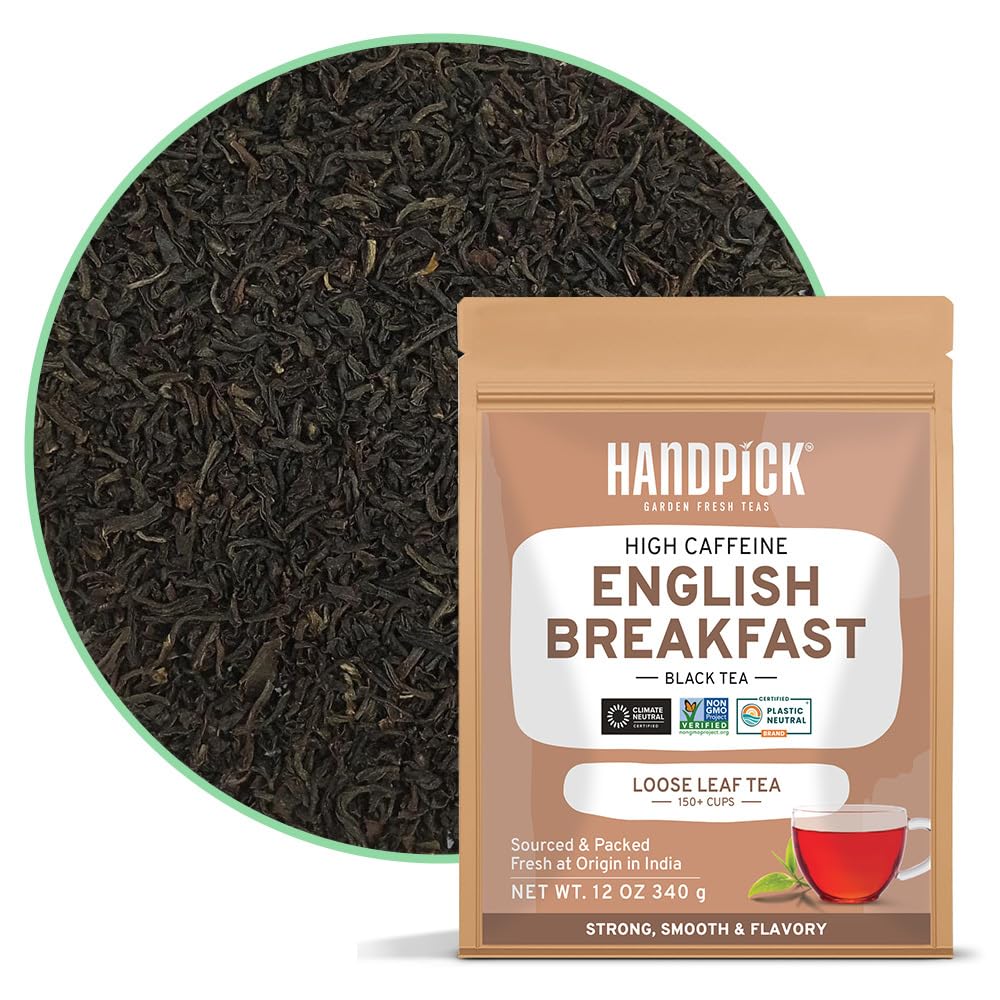 HANDPICK, English Breakfast Tea Loose Leaf (340g/12oz) Strong, Robust, High Caffeine Black Tea Loose Leaf | Non-GMO | Resealable, Ziplock Pouch | Brew Hot, Iced or Kombucha tea | Assam Black Tea