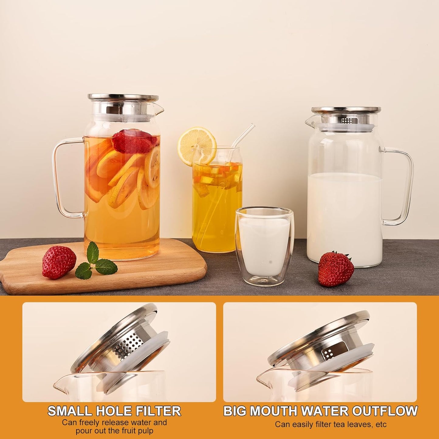 Glass Pitcher with Lid, 1200ml Leak Proof,Glass Water Jugs, BPA-Free,Microwave & Dishwasher Safe Pitcher,Sun & Iced Tea, Sangria,Cold Brew Coffee & More
