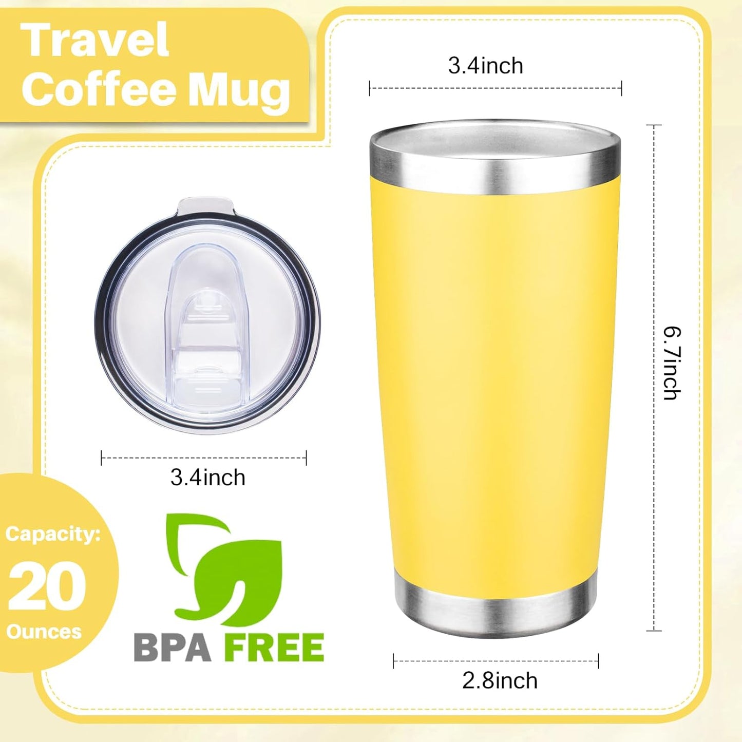 20oz Tumbler with Lid Double Wall Vacuum Insulated Travel Coffee Mug Stainless Steel Thermal Cup Powder Coated Sturdy Coffee Tumbler for Hot and Cold Beverage (Yellow,1)