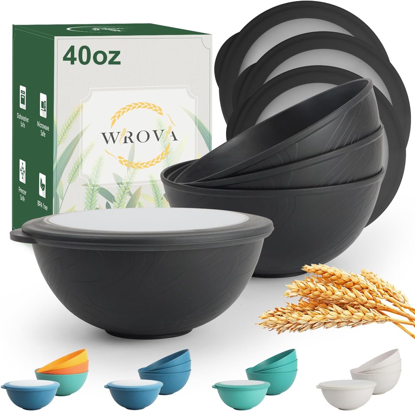 40oz wheat straw bowls set of 4,unbreakable ramen bowl set with cover,alternative plastic bowls with cover for kitchen,party,camping and picnic. Black