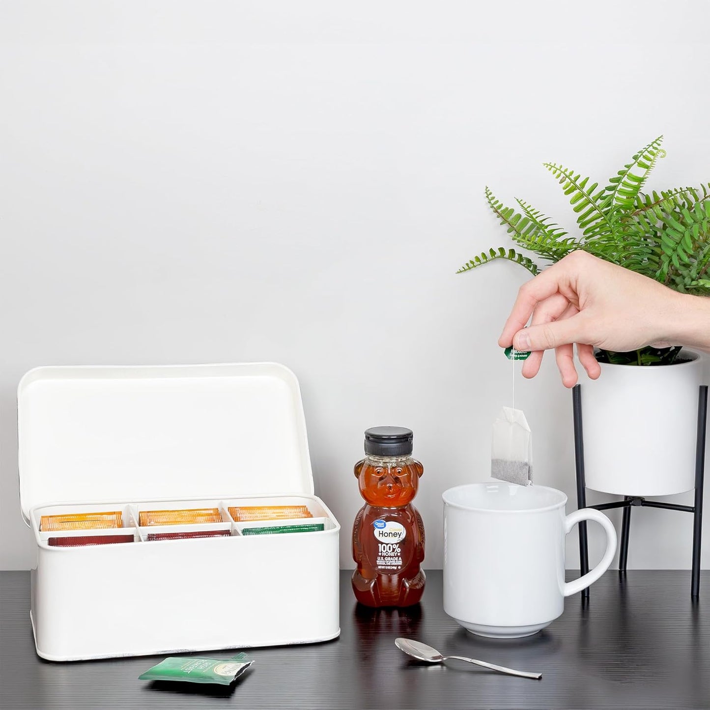 AuldHome Design Farmhouse Tea Bag Box (White), Vintage Retro Style Enamelware Tea Storage Tin