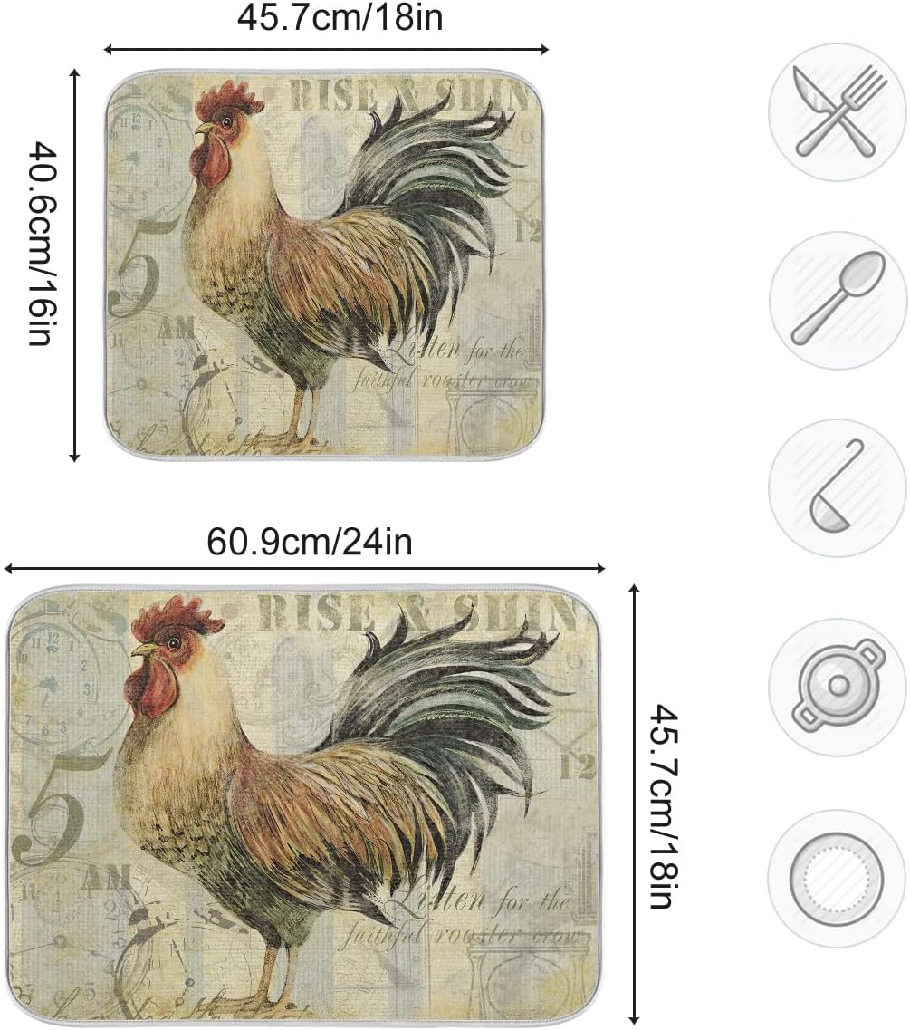 Farmhouse Rooster Dish Drying Mat 16 x 18 Inch with Hanging Loop High Absorbent Reversible Microfiber Dish Drying Pad Dish Rack Pad Drainer Mat for Kitchen Counter Coffee Bar