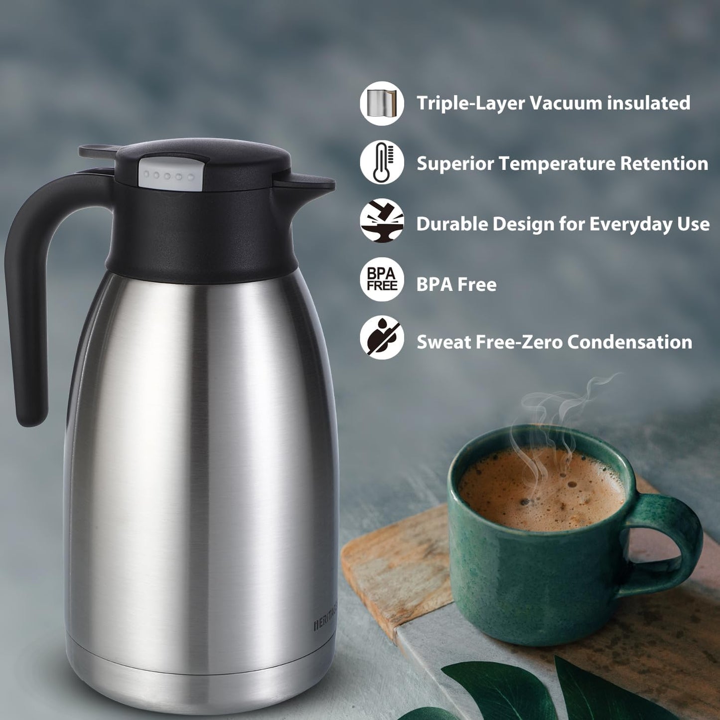 Heritage66 Thermal Coffee Carafe Dispenser, Triple Wall Stainless Steel, Vacuum Insulated, 34 oz/1 Liter, Keeps Hot 12 Hours (2 Liter / 68 Oz)