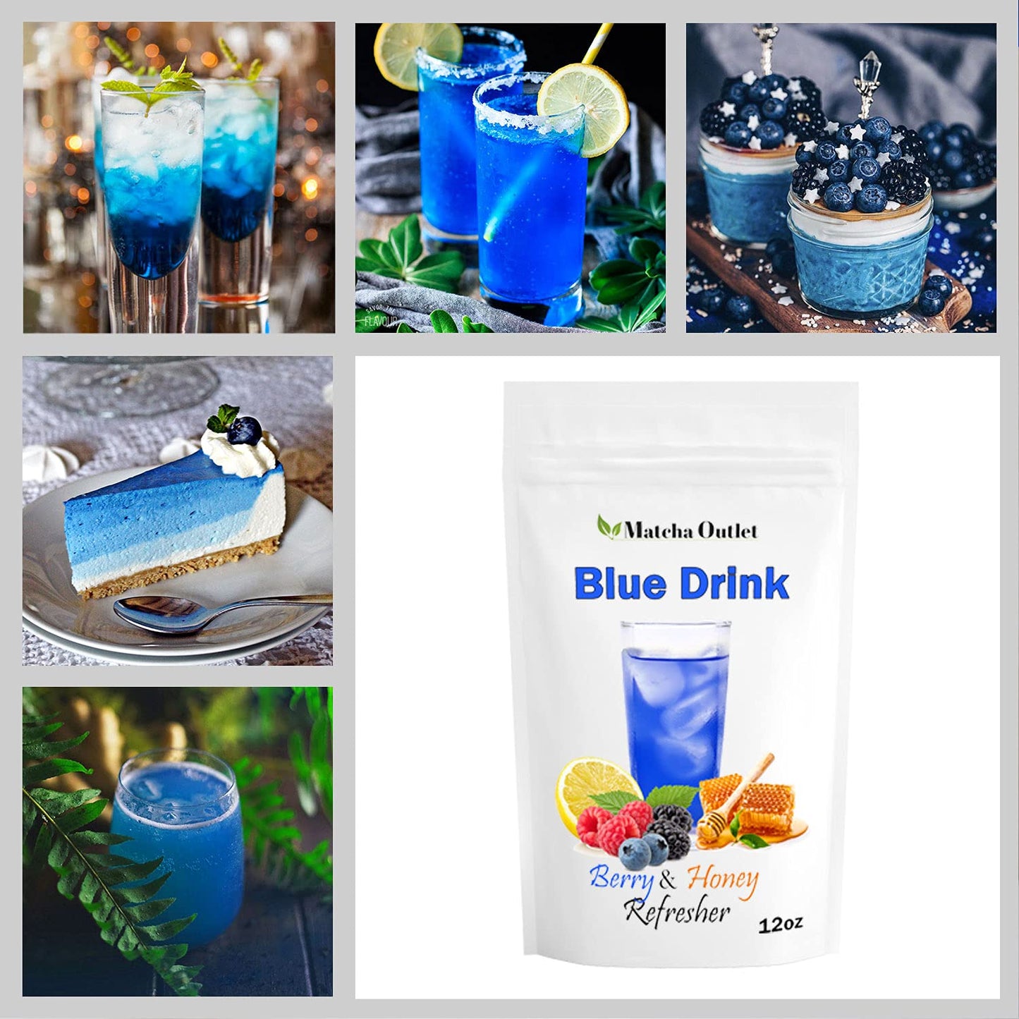 Blue Drink Spirulina Powder, Berry & Honey Refresher 12oz Blue Drink Mix Natural Food Colorant Perfect for Ice Mix Yogurts Baked Treats Loaded Tea Bubble Tea