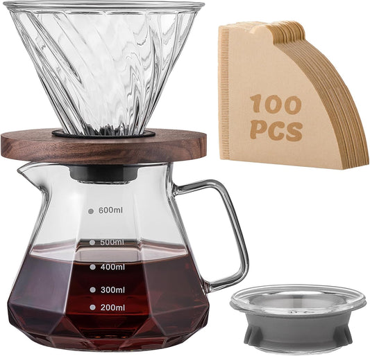 Pour Over Coffee Maker Set – Drip Coffee Pot with Walnut Handle, Glass Coffee Dripper & 100 Filters, 20oz/600ml Capacity