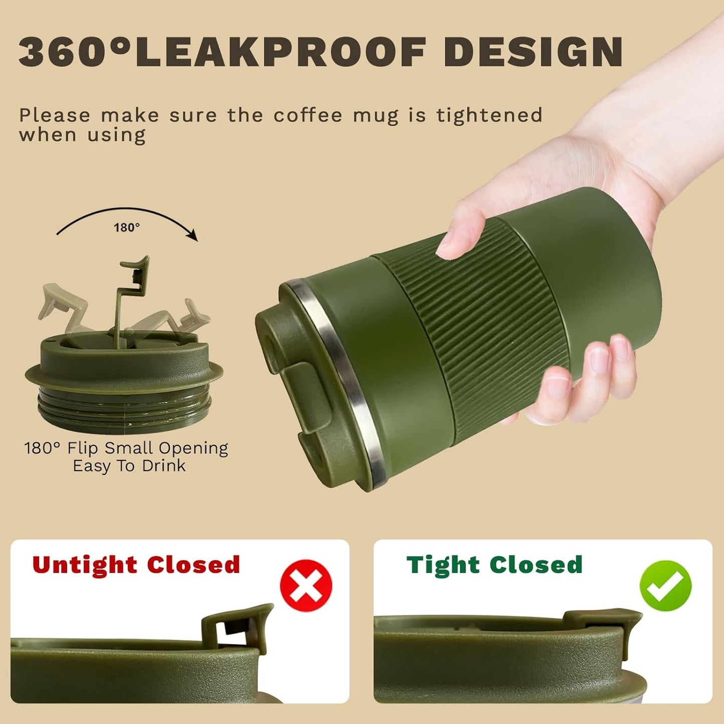 Vacuum-Insulated Stainless Steel Travel Coffee Mug, Leak-Proof Reusable Coffee Cup with Lid - Keep Hot & Cold Drinks for Hours, Durable Thermos Tumbler for Men & Women (3rd-Green, 12OZ)