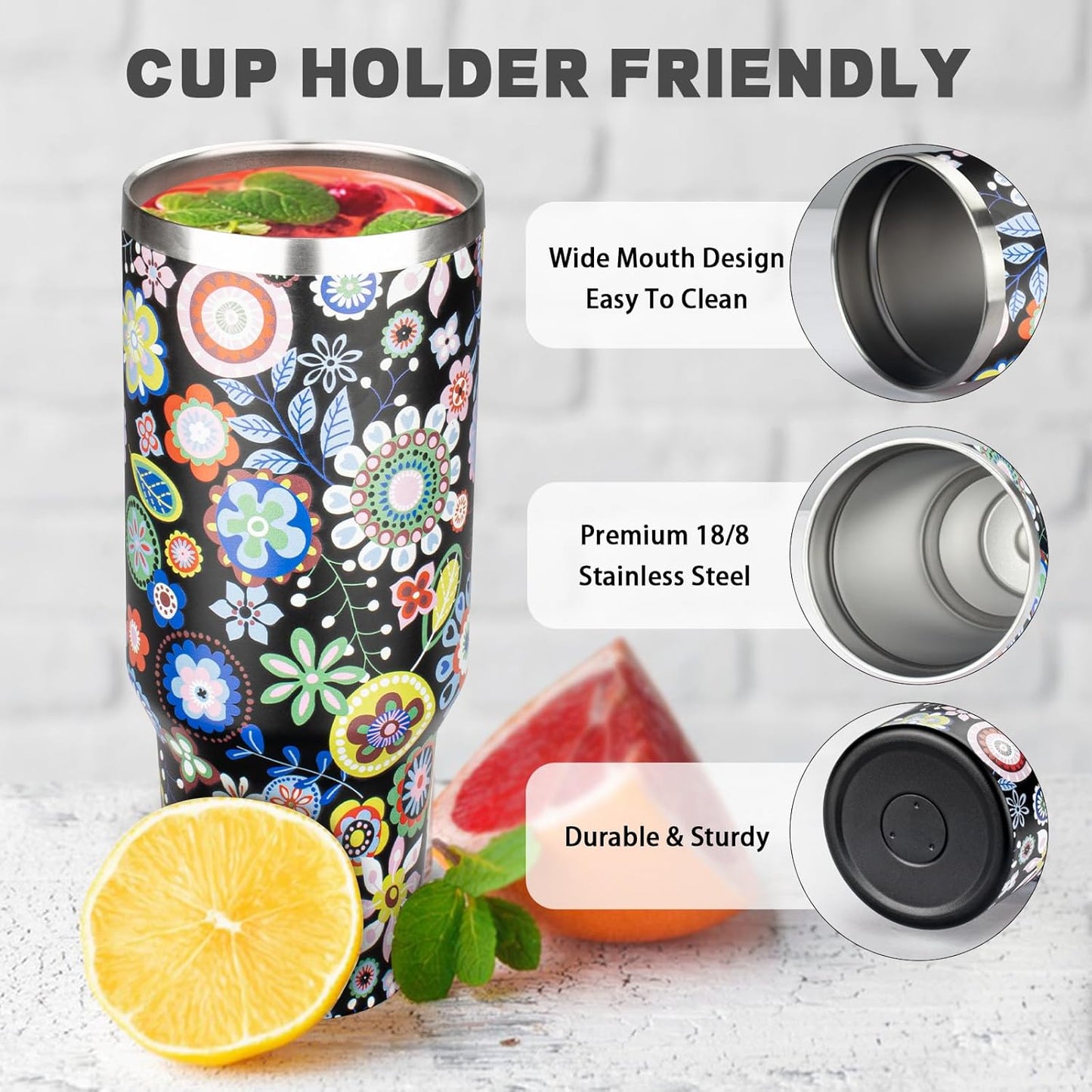 40 oz Tumbler with Lids and Straws, Stainless Steel Insulated Coffee Tumbler, Double Wall Vacuum Insulated Travel Mug Cup, Leakproof Thermal Coffee Cup for Hot and Cold Drinks (Flower)