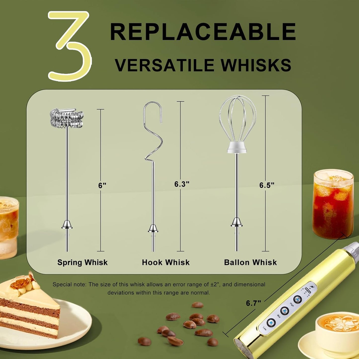 YUSWKO Champagne Gold Handheld Milk Frother Wand for Coffee, Rechargeable Electric Whisk with 3 Heads 3 Speeds Drink Mixer Coffee Frother For Latte, Cappuccino, Hot Chocolate, Egg