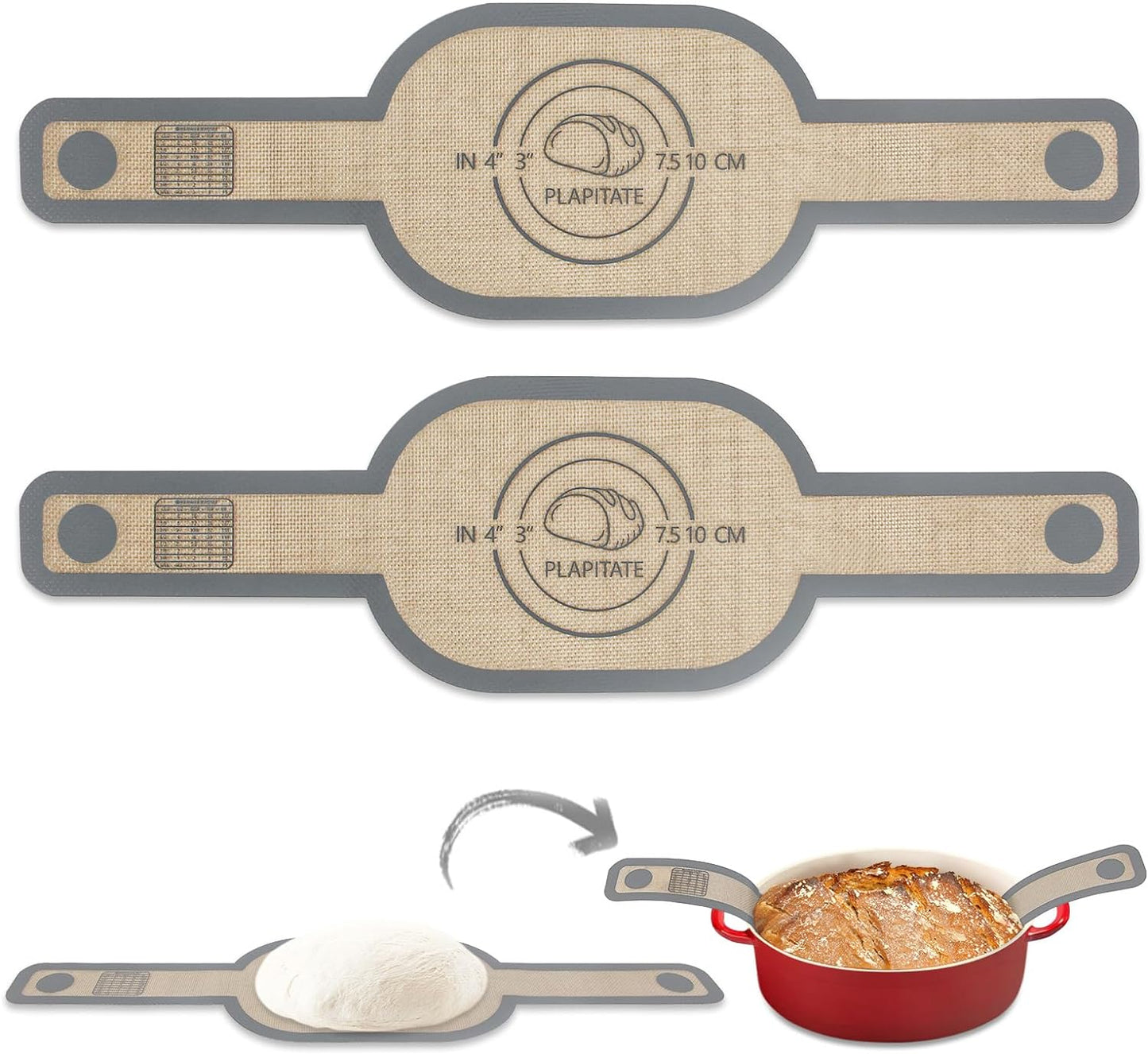 Silicone Bread Sling Dutch Oven Liner, Non-Stick & Easy Clean Reusable Oval Silicone Baking Mat with Long Handles, Easy to Transfer Sourdough - 2 Gray Set