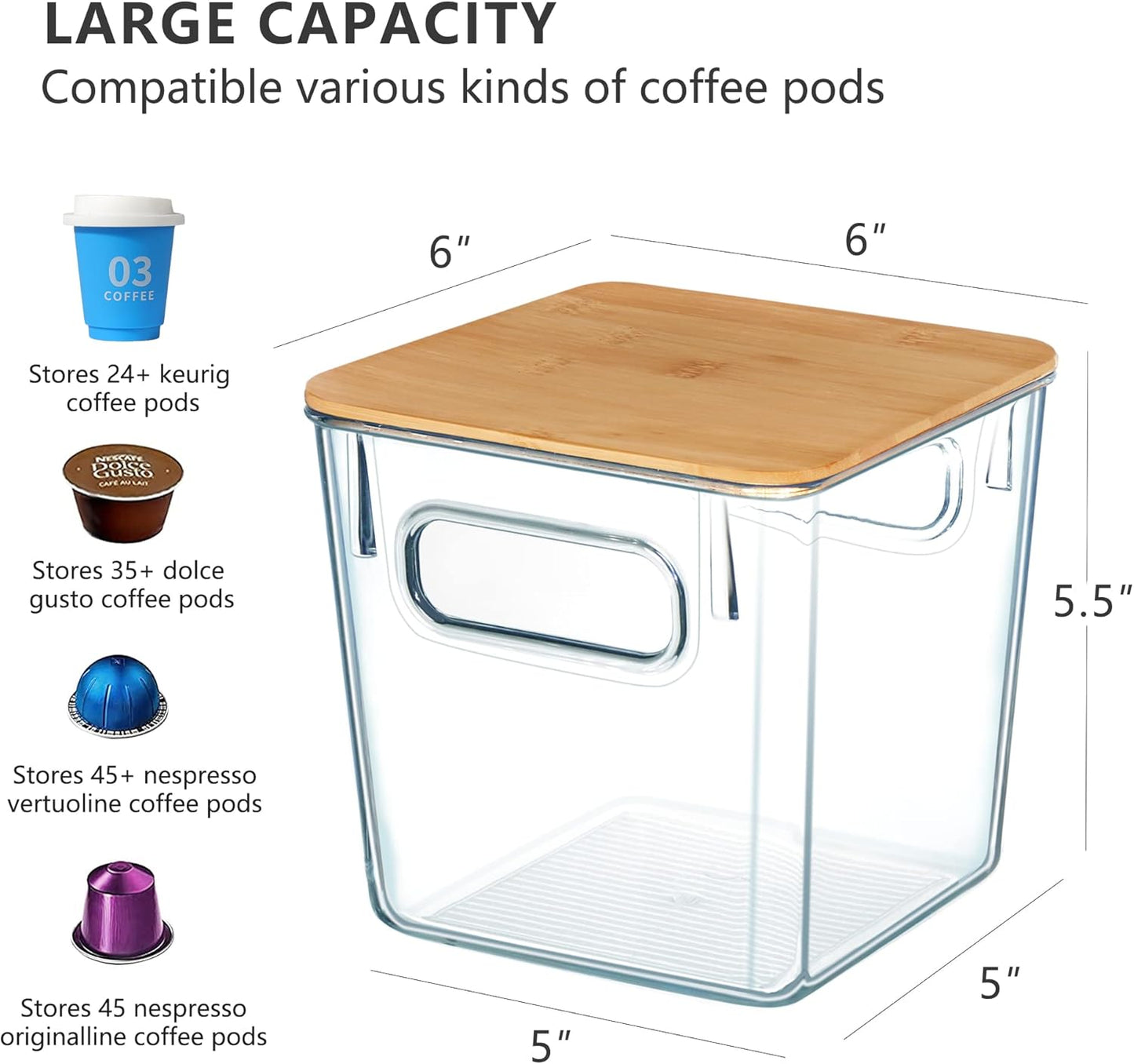 Coffee Pod Holder with Bamboo Lids, 3 PACK K Cup Organizer Large Capacity Coffee Bar Organization and Storage